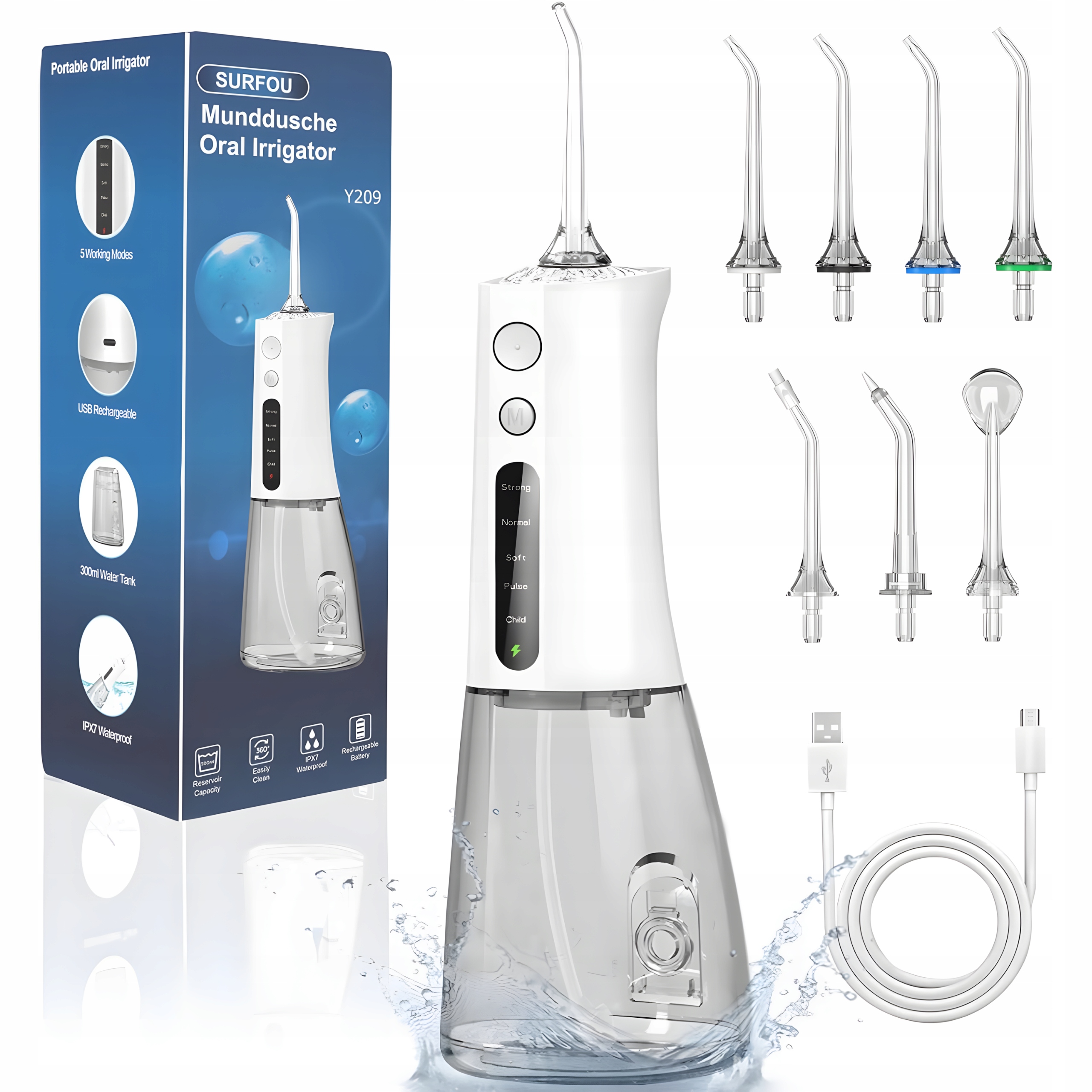 Irygator do Zębów Bezprzewodowy Dentystyczny 5 Trybów 7 Dysz 300ml Usb