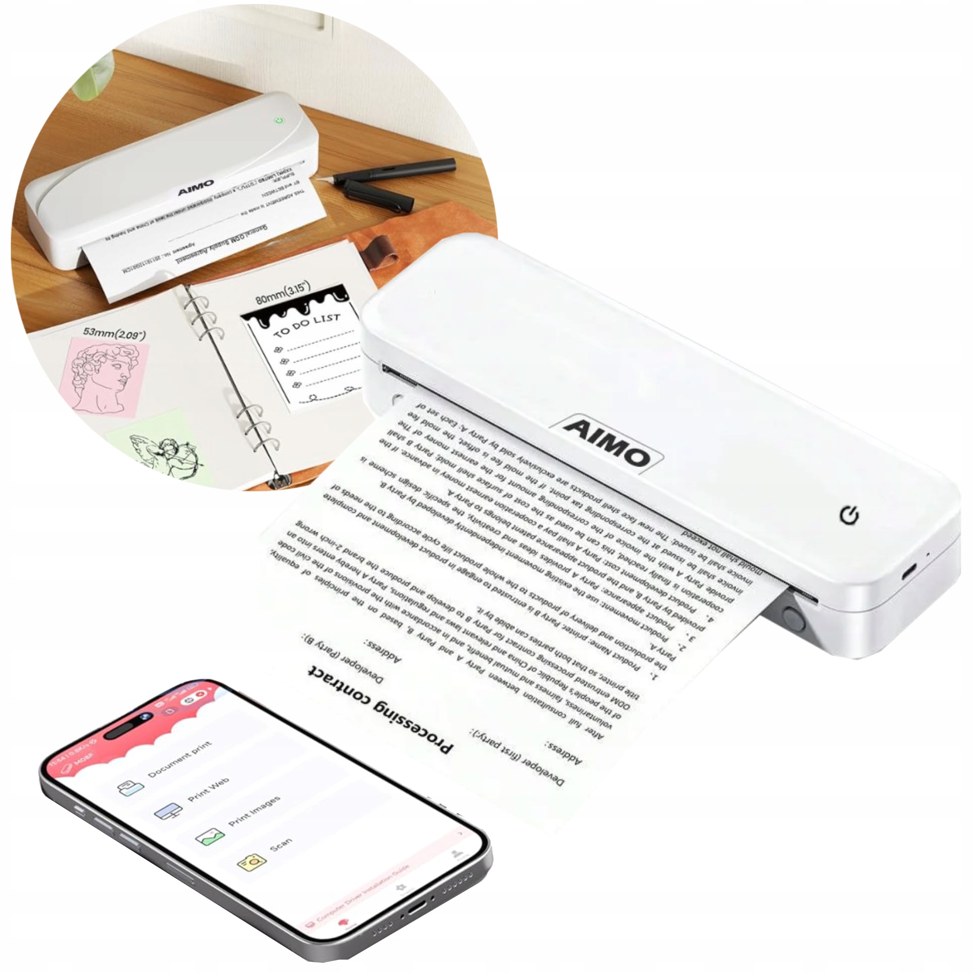 Prenosná termálna tlačiareň A4 bez atramentu Bluetooth Aimo M831 Phomemo Usb