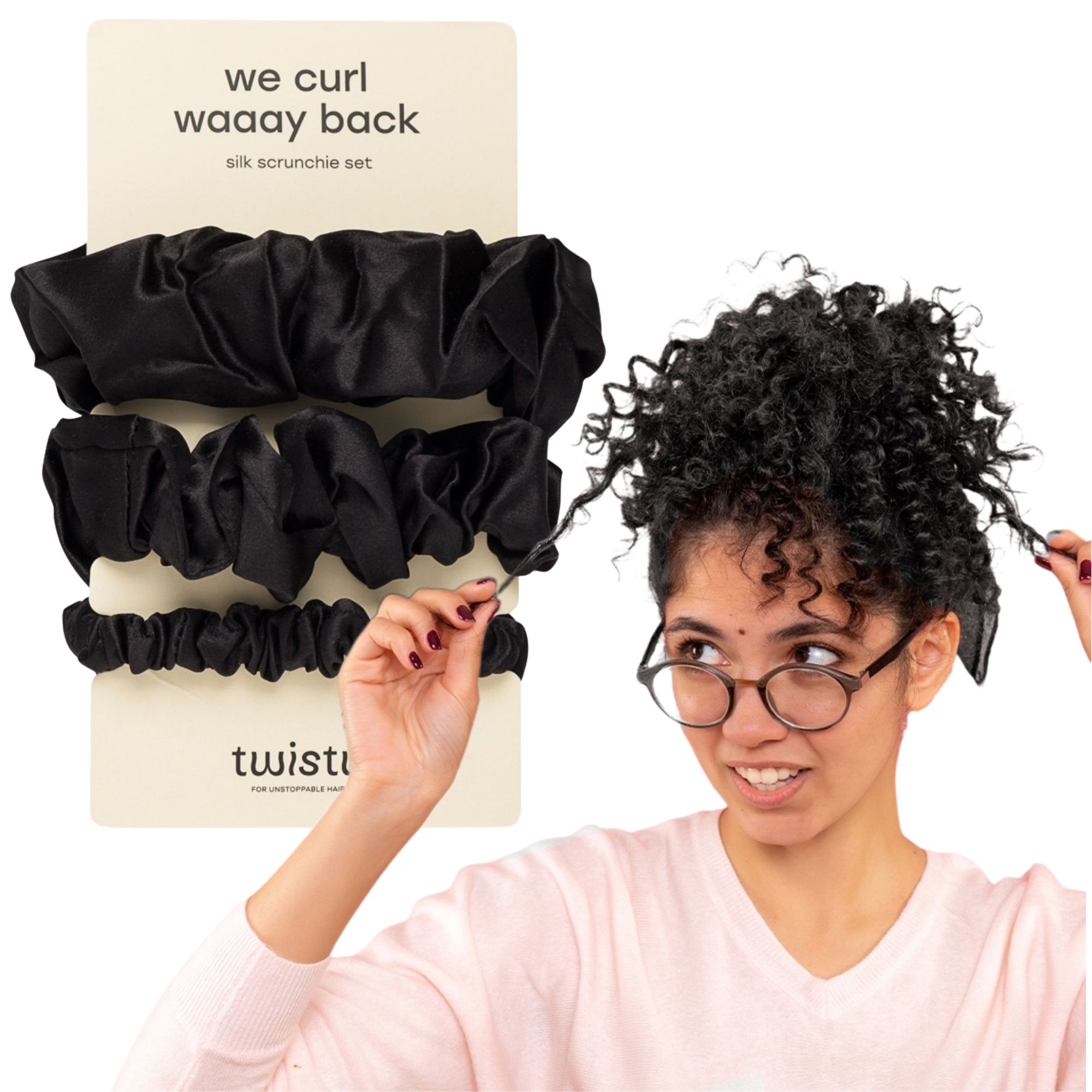 Sada Černých Gumiček Na Vlasy black scrunchie natural silk Twisty 3 Ks