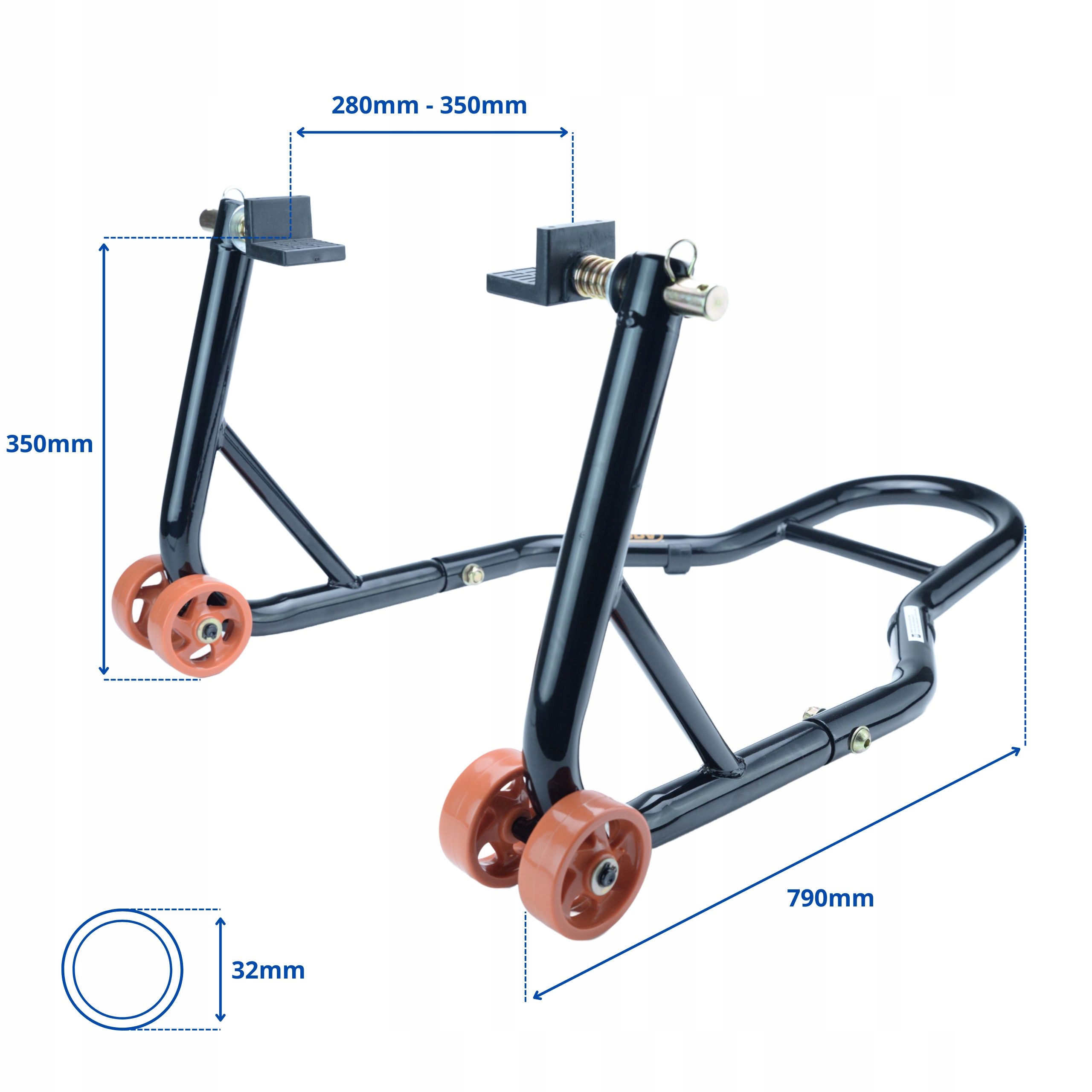 SUPPORT MOTOCICLETĂ PENTRU SET FURCI SPATE + BRACȚ OSCILIANT Înălțime minimă de ridicare 10 mm