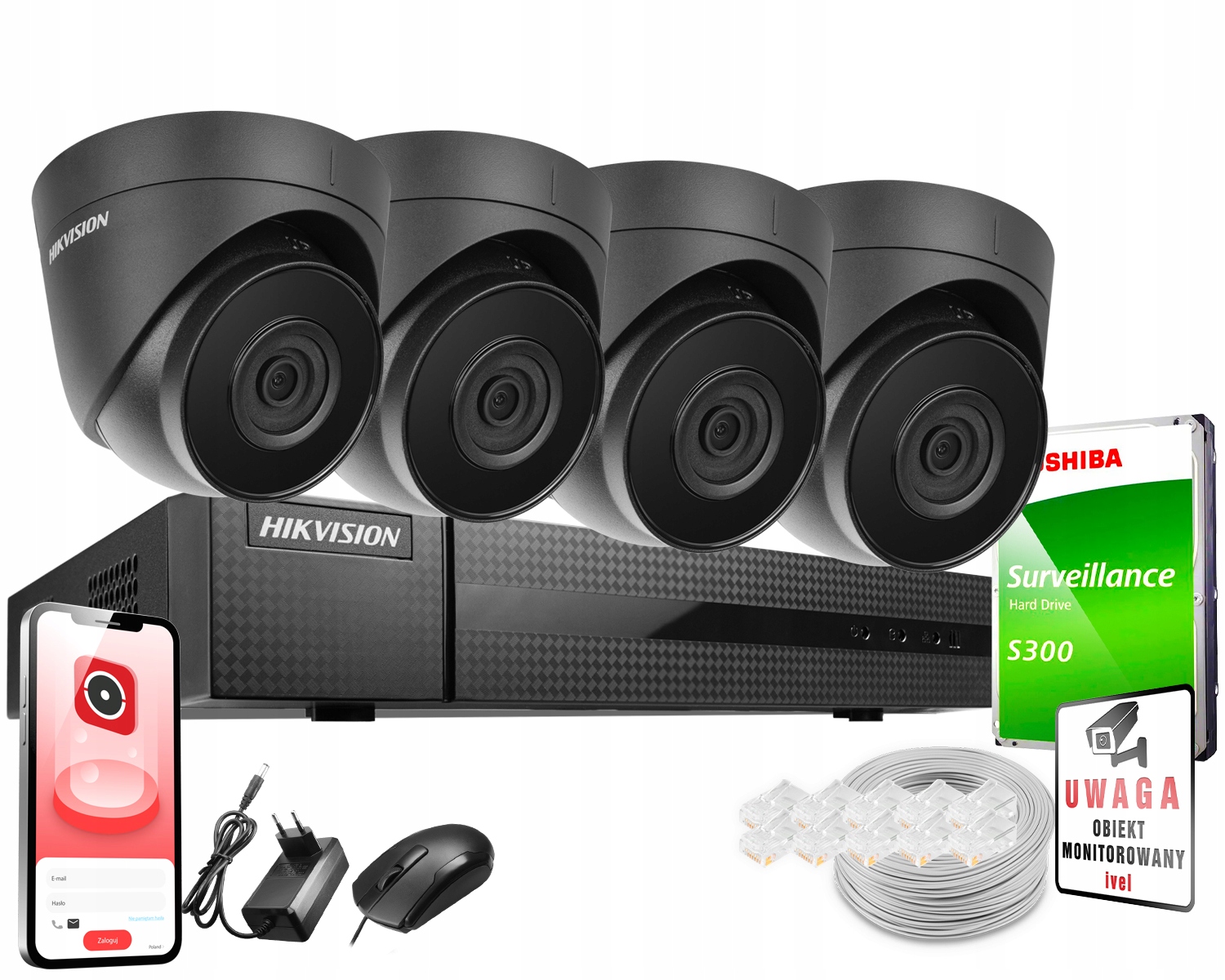 Sada pro monitorování Hikvision NVR-8CH-POE+IPCAM-T4 BLACK(x4)+1TB