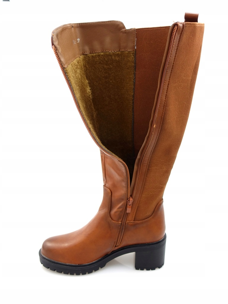 DAMSKIE KOZAKI BRĄZOWE CAMELOWE Z EKOSKÓRY NA OBCASIE PLATFORMA 37 Kolor brązowy