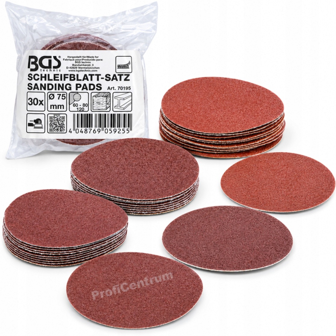 Krążki ścierne na rzep 75 mm, K60 K80 K120, 30 szt. BGS-Germany