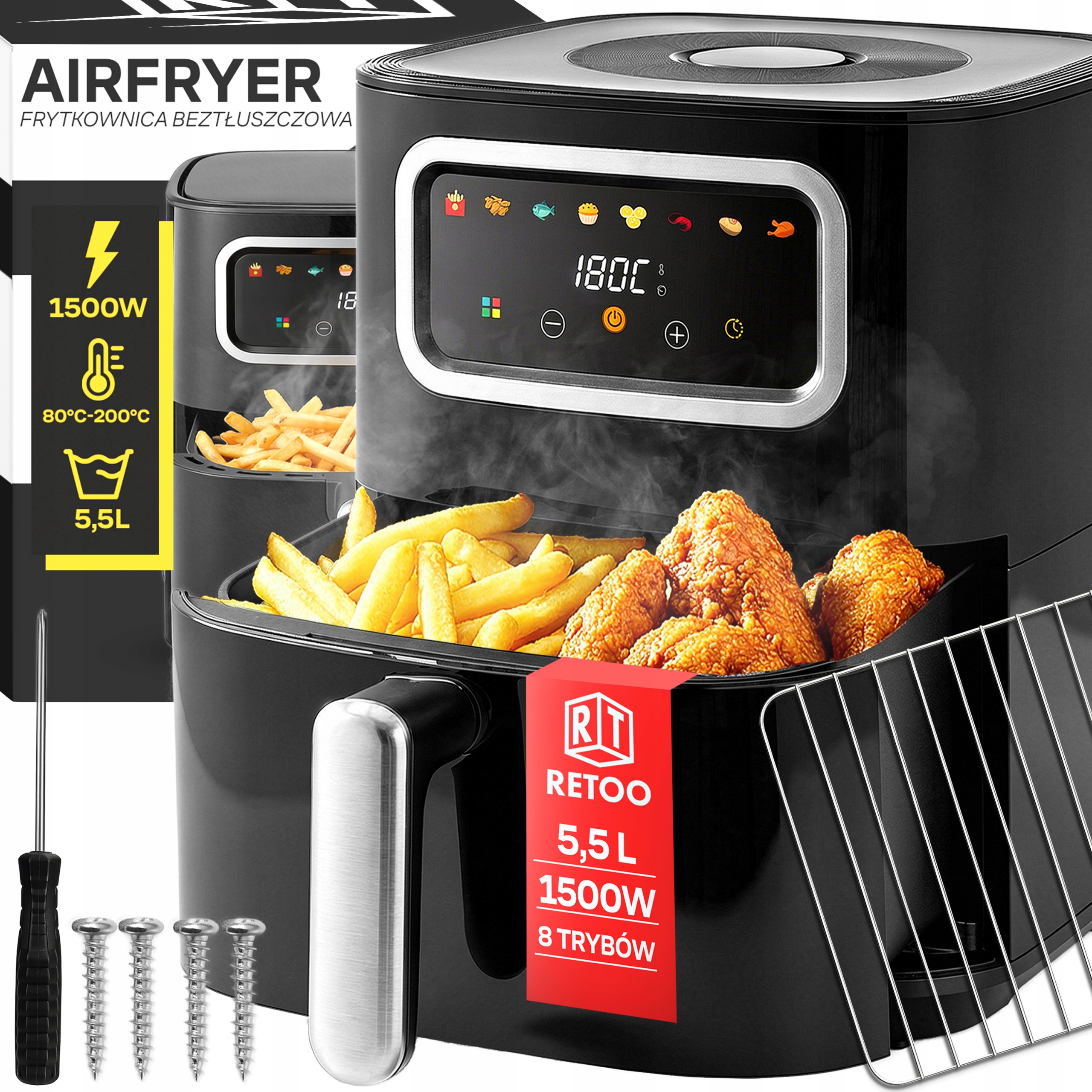 Frytkownica Beztłuszczowa Airfryer Frytownica 1450W Misa 5,5L 8 Programów
