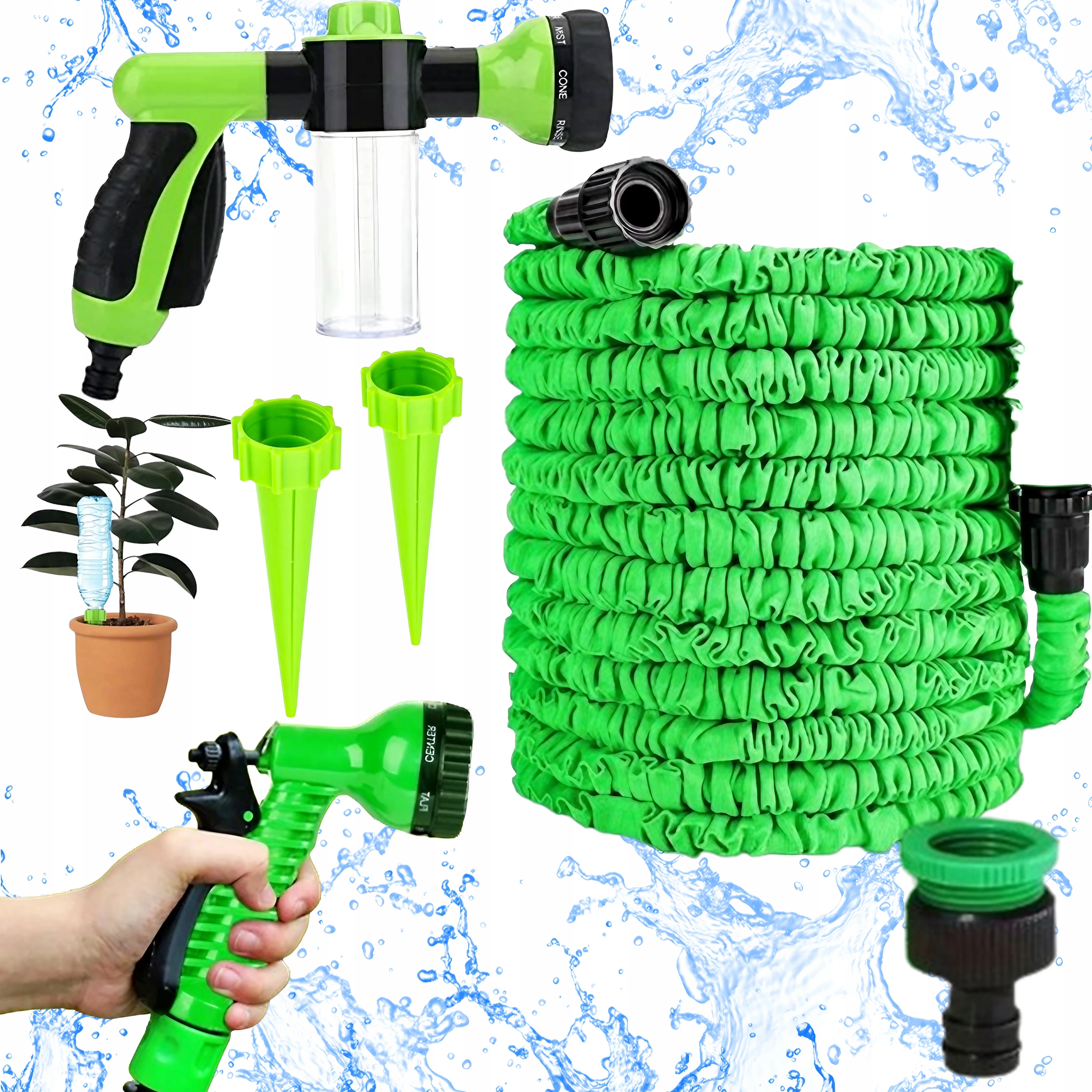 WĄŻ OGRODOWY ZRASZACZ ROZCIĄGLIWY + 2 PISTOLETY + ZŁĄCZKA + 2 NAWADNIACZE =