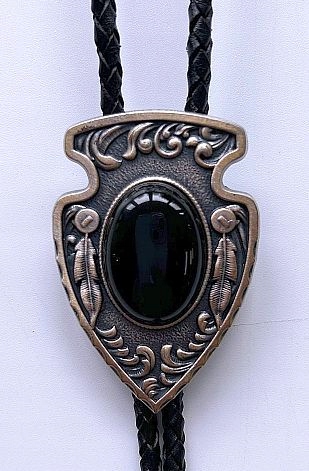 Bolo kravata country Grot postříbřená Obsidián Černá záda přírodní kůže