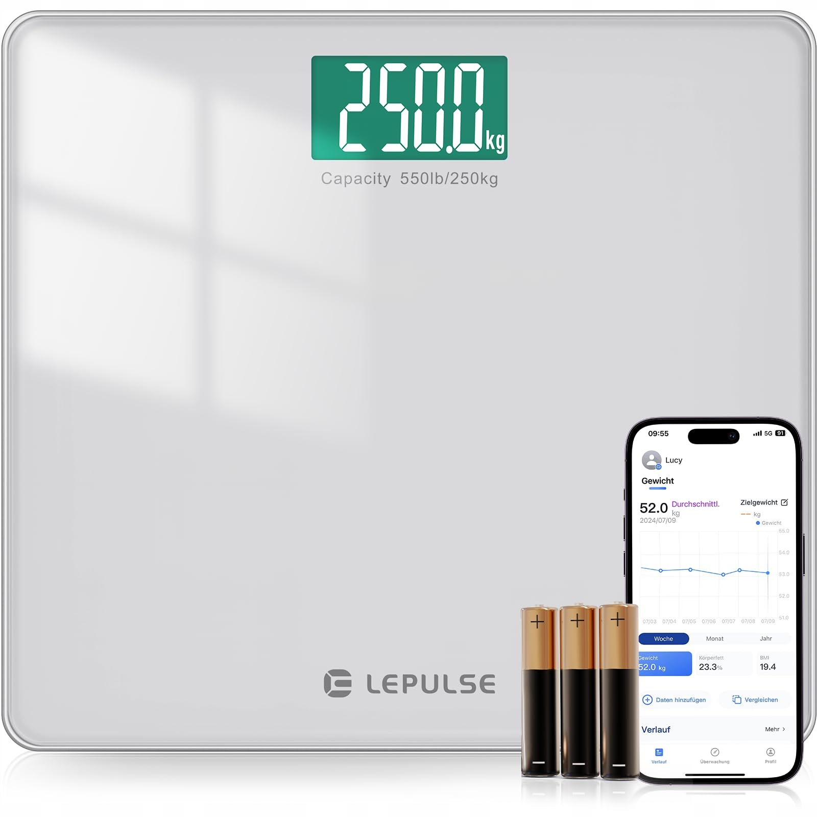 LEPULSE S5 Waga Cyfrowa 250kg Bluetooth BMI Aplikacja Szeroka Platforma — miniatura 2