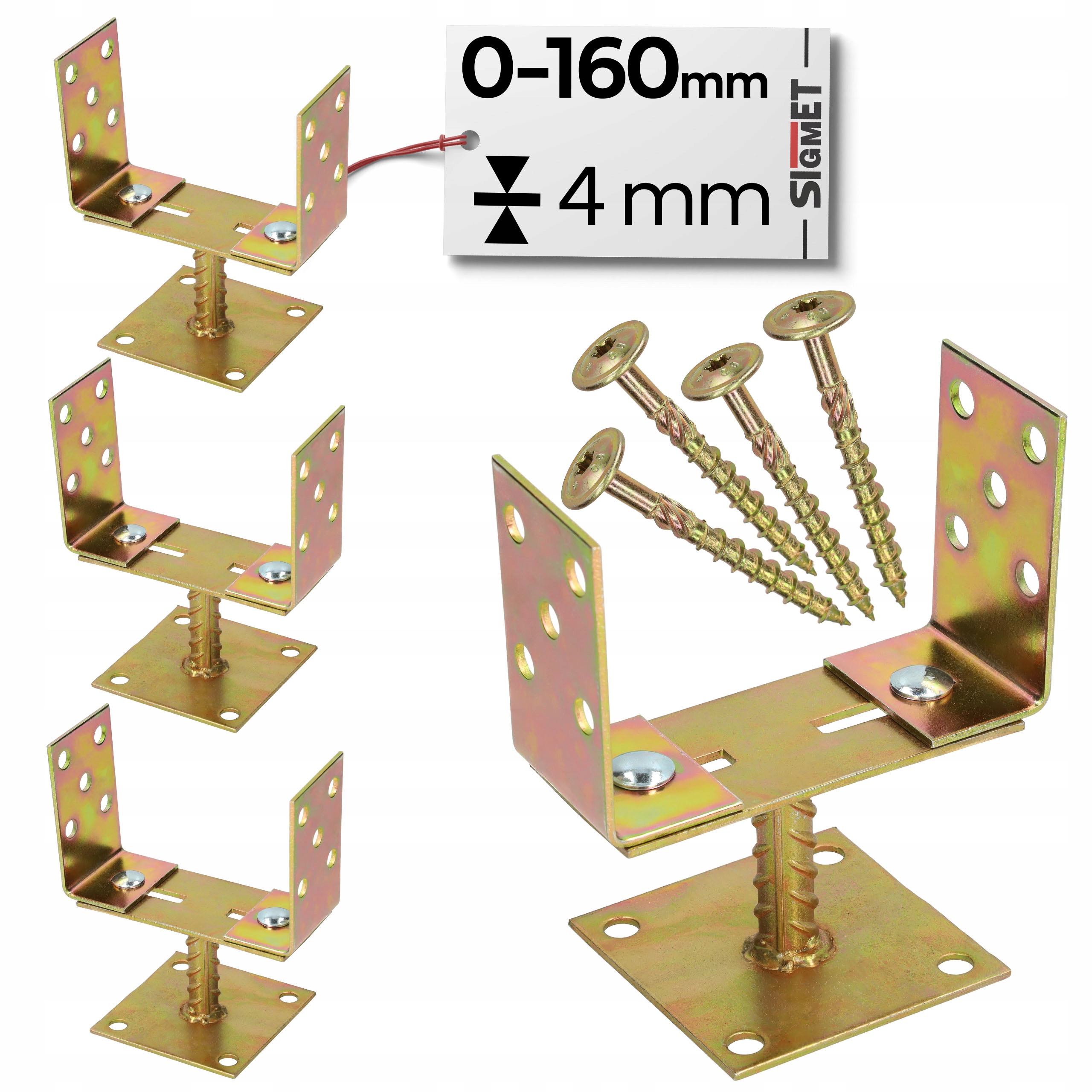 4 x Nastavitelná základna sloupku 0-160 mm pozink plech 4 šrouby pro montáž