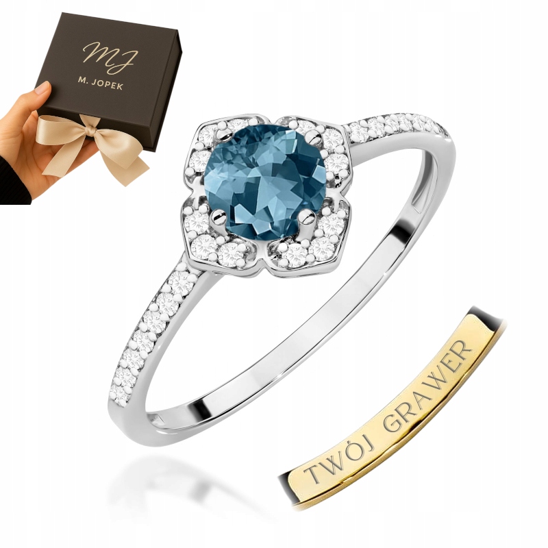 Prstýnek Bílé Zlato 585 S Topazem London Blue 0,50 ct S Diamanty Gravírování