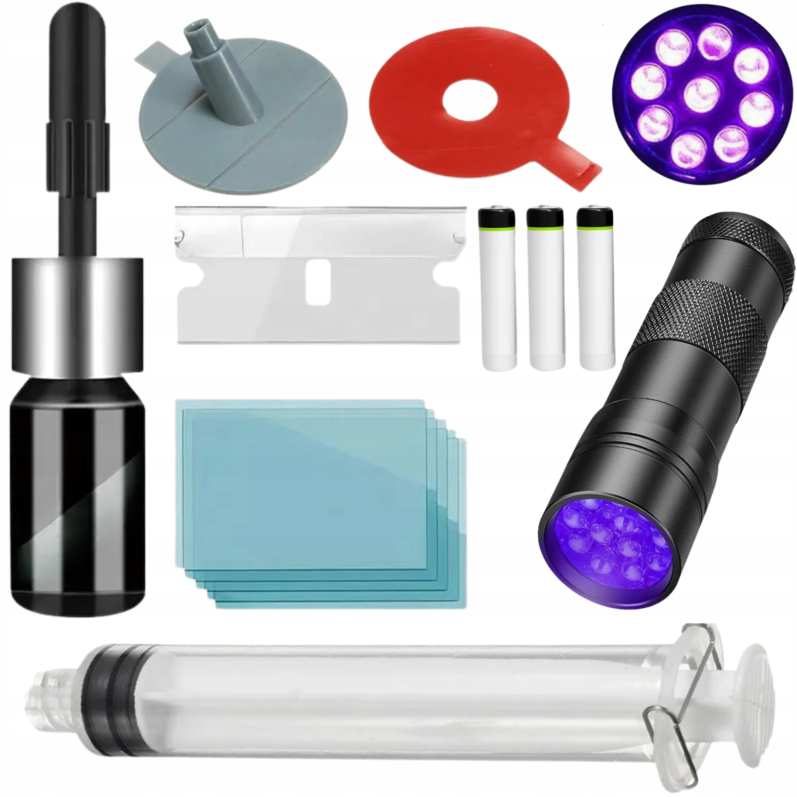 ZESTAW DO NAPRAWY SZYB SAMOCHODOWYCH Z LATARKĄ UV PODCIŚNIENOWY