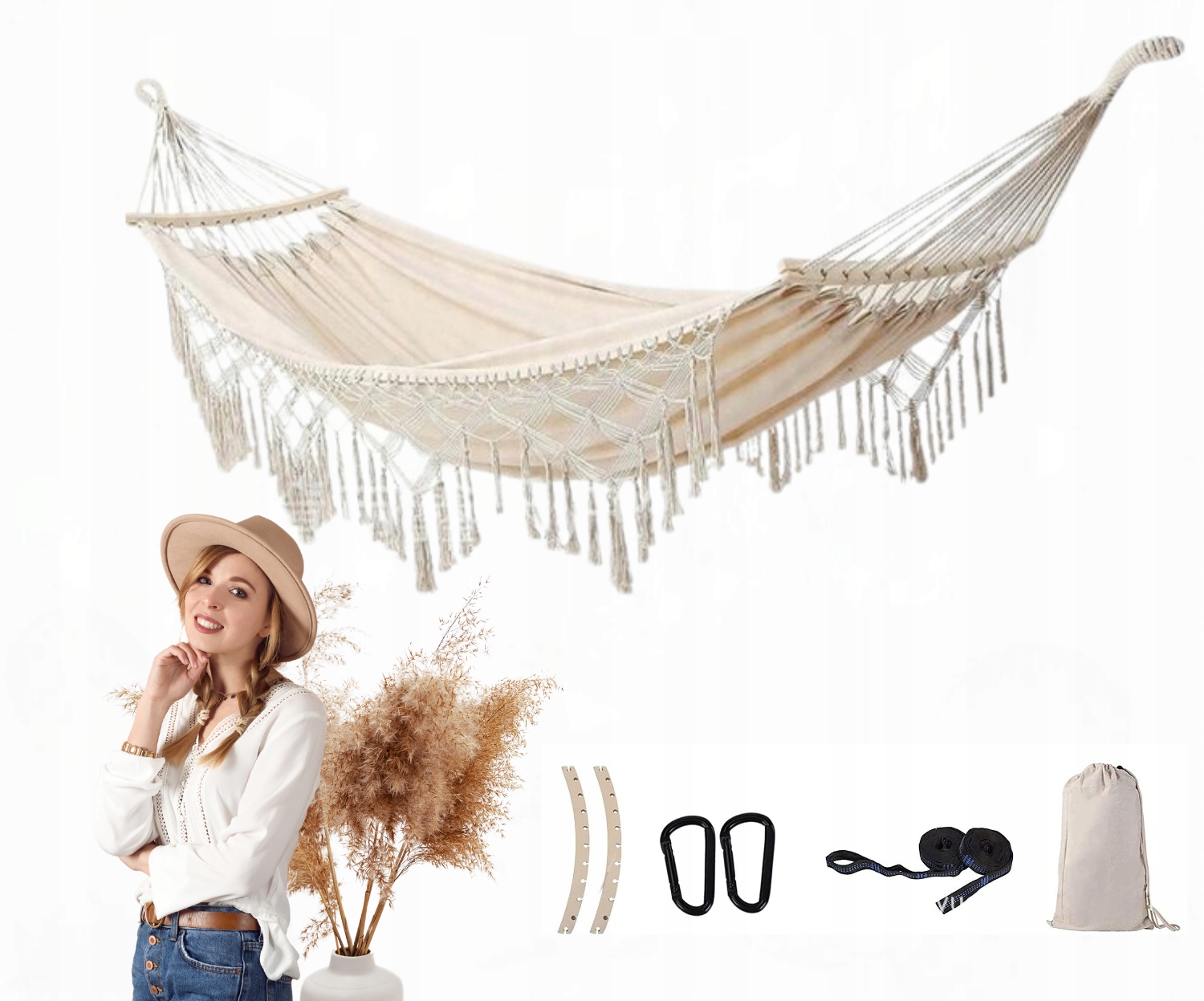 Hamak Ogrodowy Brazylijski Boho Beżowy Kempingowy Huśtawka Mocna 150 Kg
