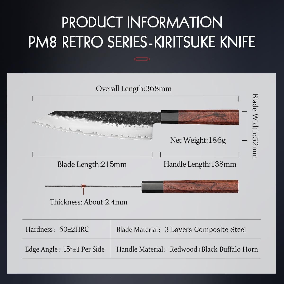 HEZHEN Profesjonalny Nóż Kiritsuke 21,5CM Stal Japońska Uchwyt Redwood — miniatura 2