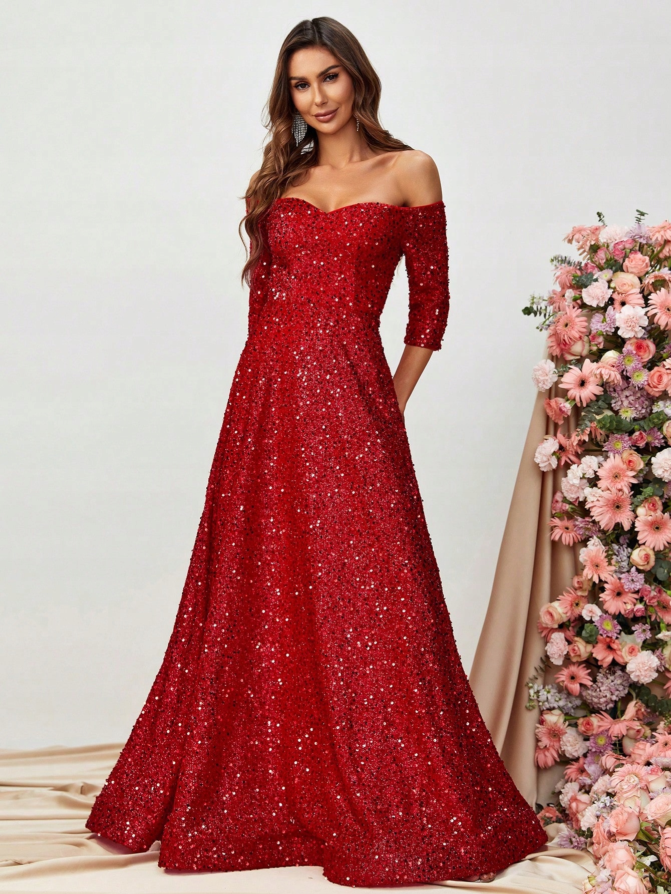 Šaty Flitrové Šaty S Odhalenými Rameny Maxi Červené Shein S 36