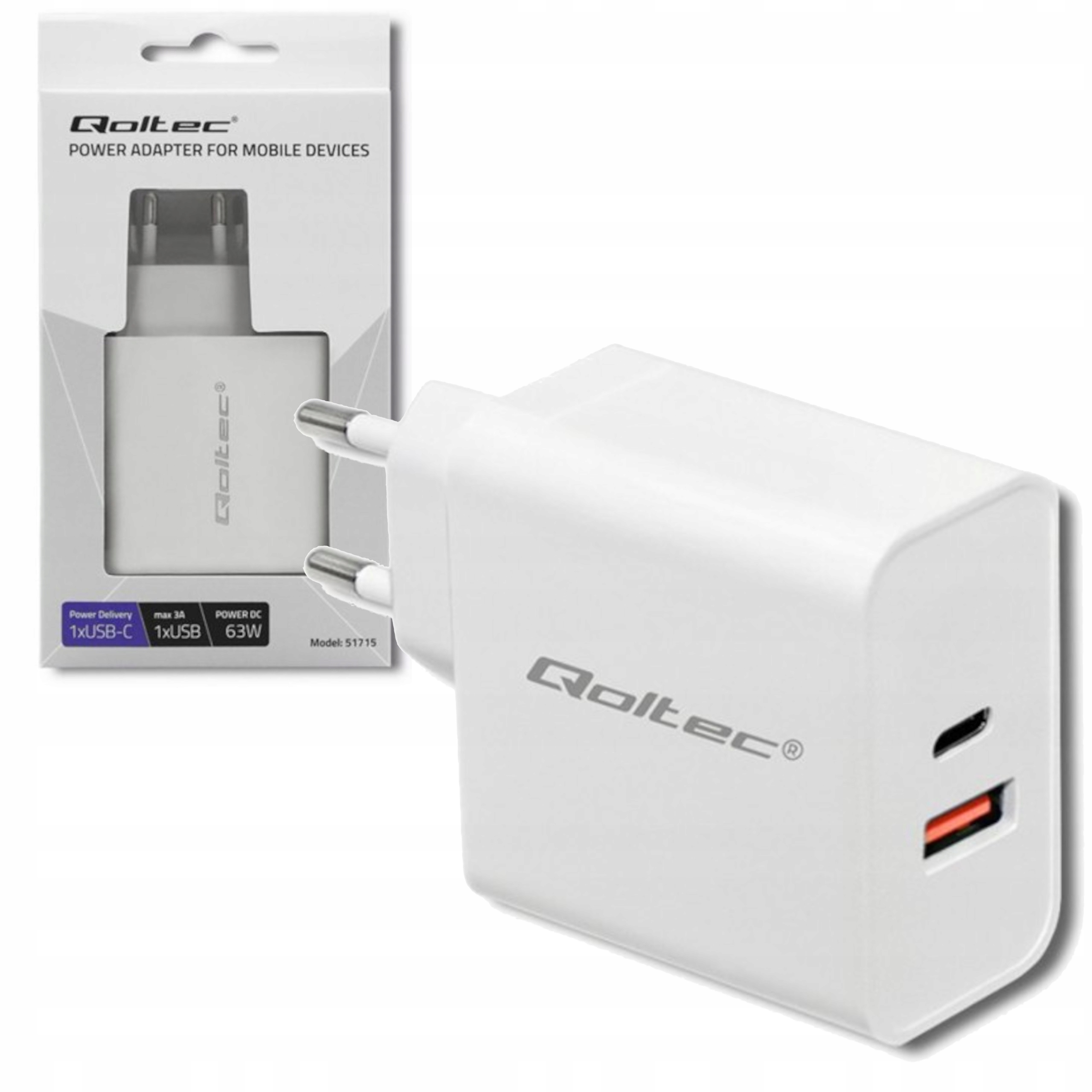 Nabíječka Usb-c Pd Usb Qc 3.0 63W rychlá 2 porty 5-20V 1.5-3A