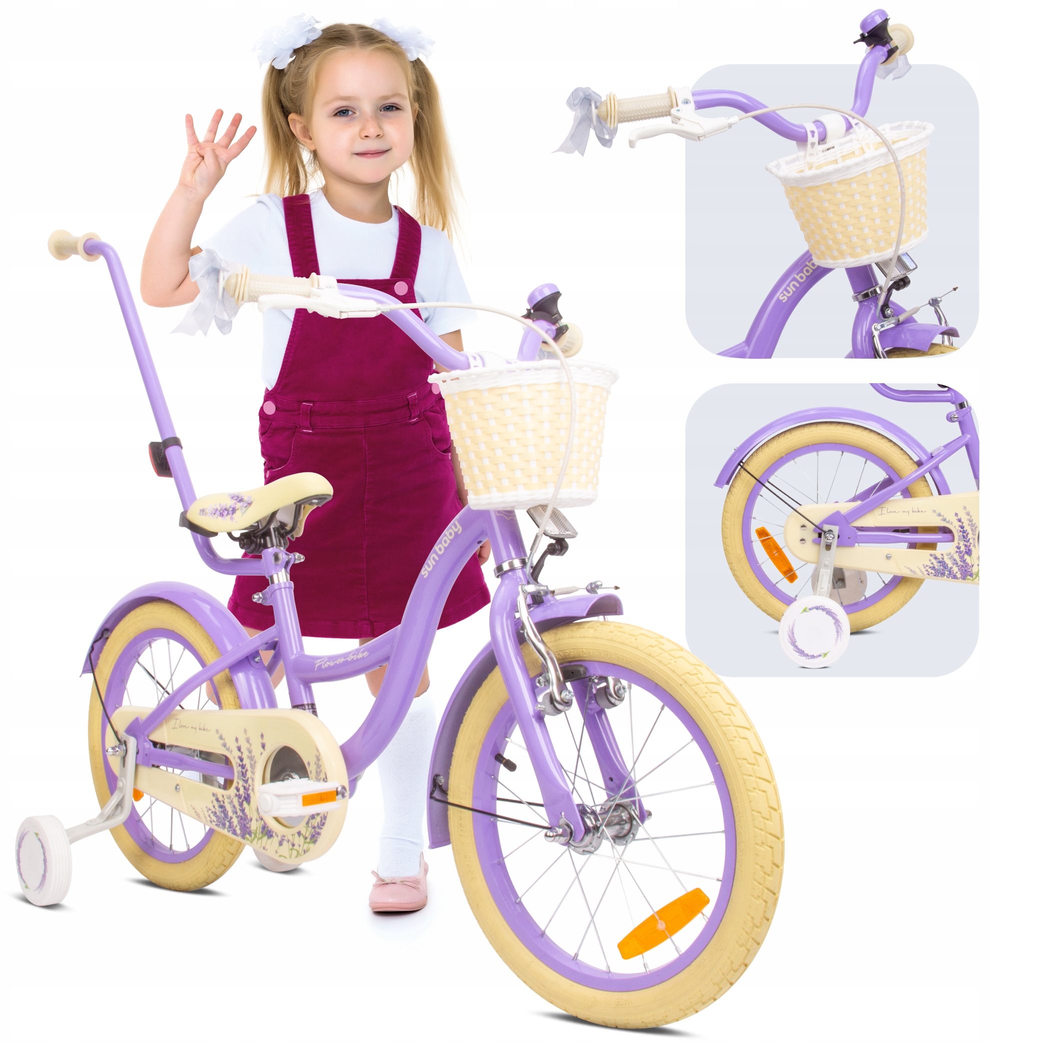 Rower 16 cali dziecięcy dla dziewczynki Pchacz Koszyk Kółka boczne 4-6 lat