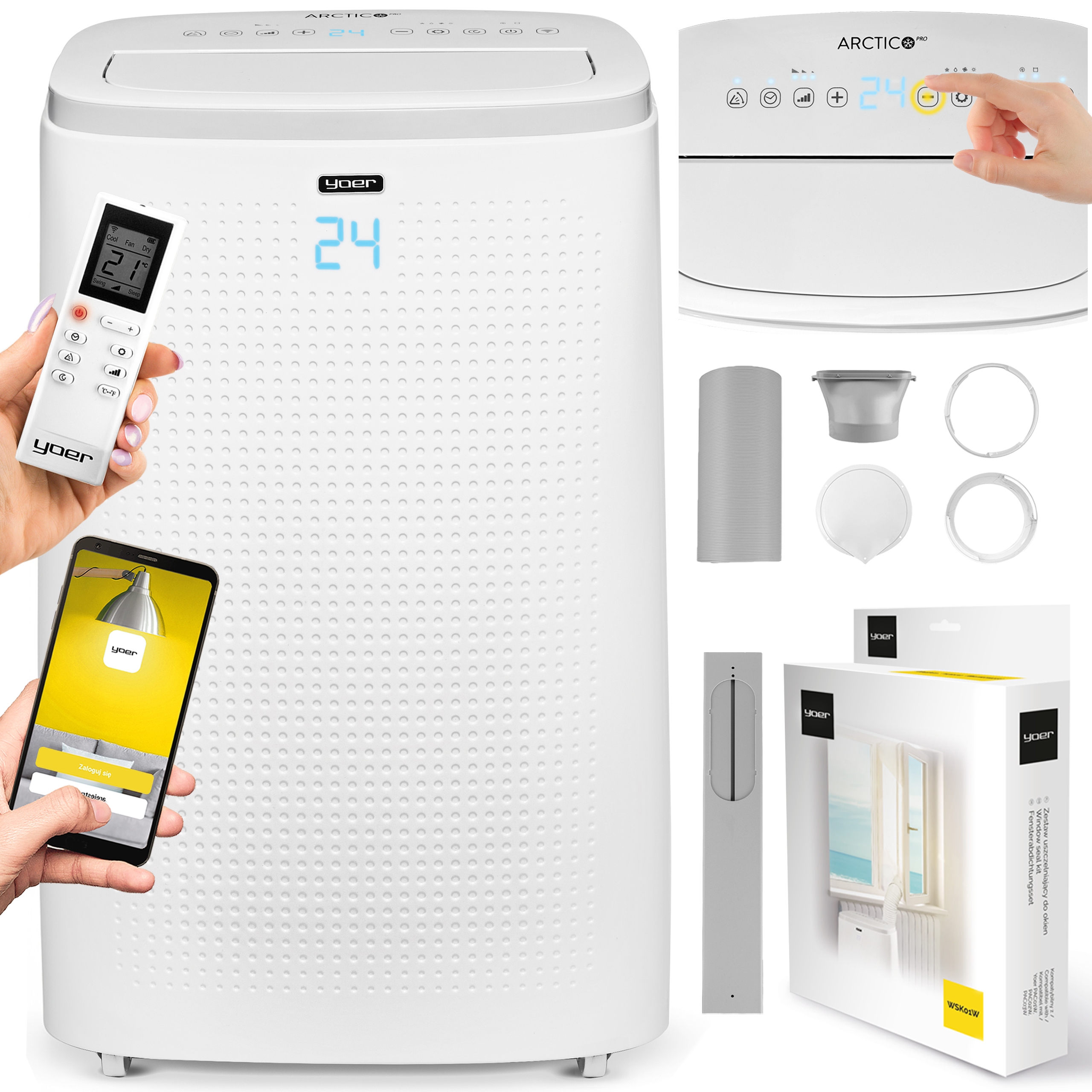 Klimatyzator przenośny Cichy 4,7kW 75m2 Yoer Osuszacz 80L WiFi Pompa ciepła