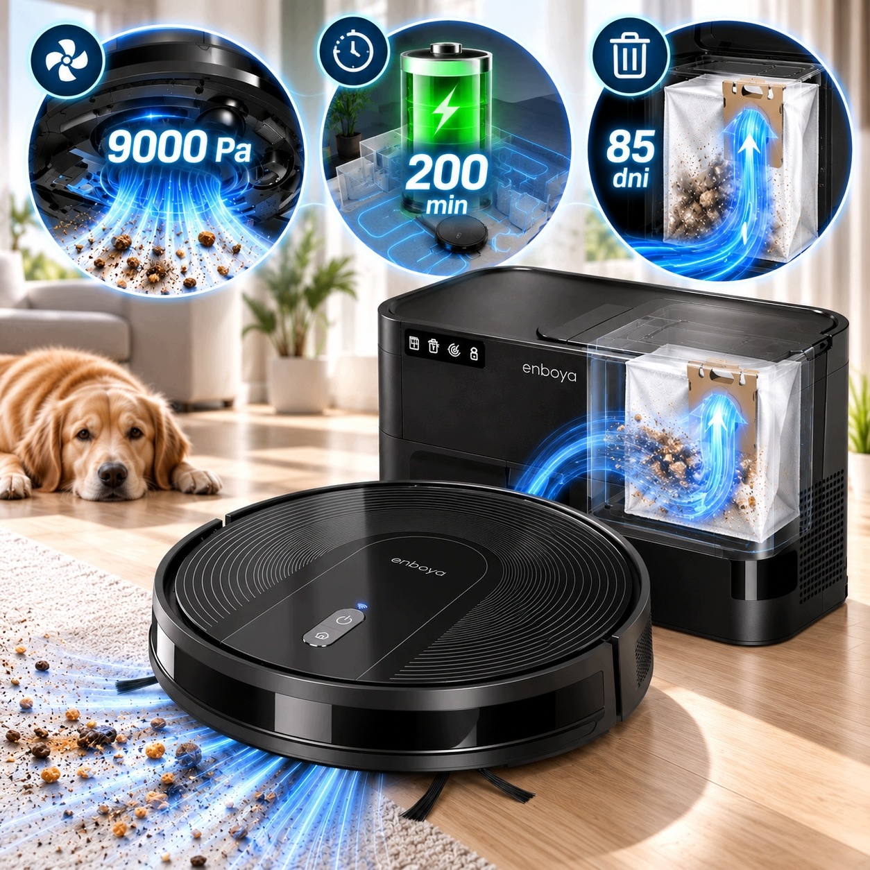 Robot sprzątający extra moc 9000Pa Stacja WiFi Alexa Hepa 200 minut pracy