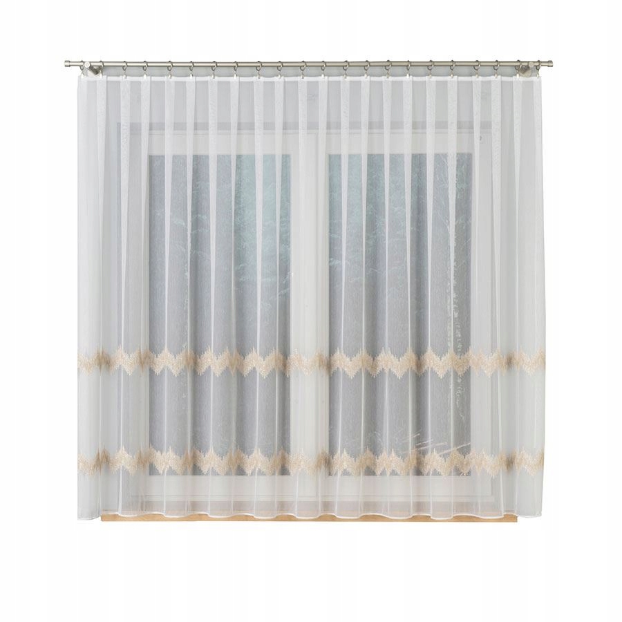 Záclony Krátke obývacie izby Záclona na páske Biela výšivka so zlatým š.300x130 cm