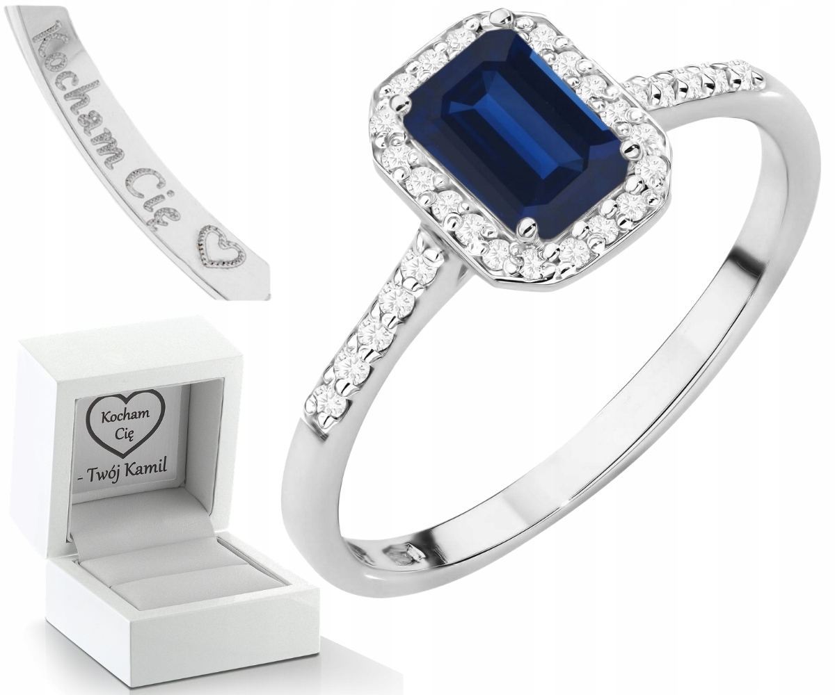 Bílé Zlato Prstýnek Diamanty A Přírodní Kámen Safír Gravírování Dárek