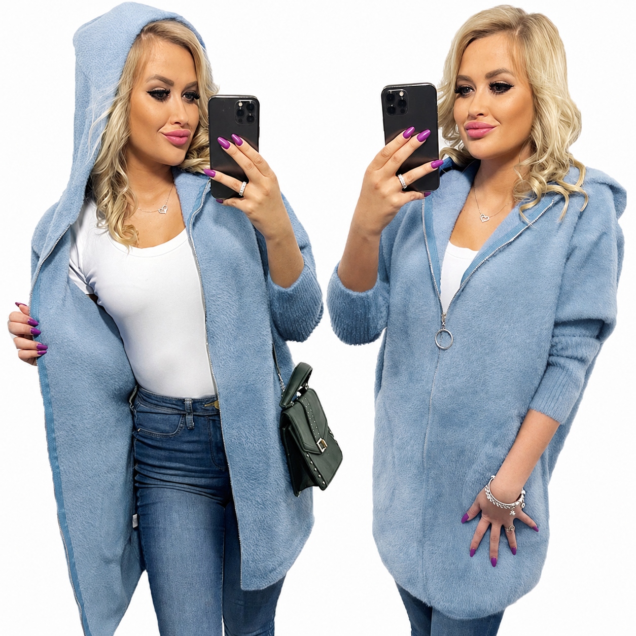 Alpaki Zip Kabát Vlna Barvy oversize Dlouhý Baby Blue