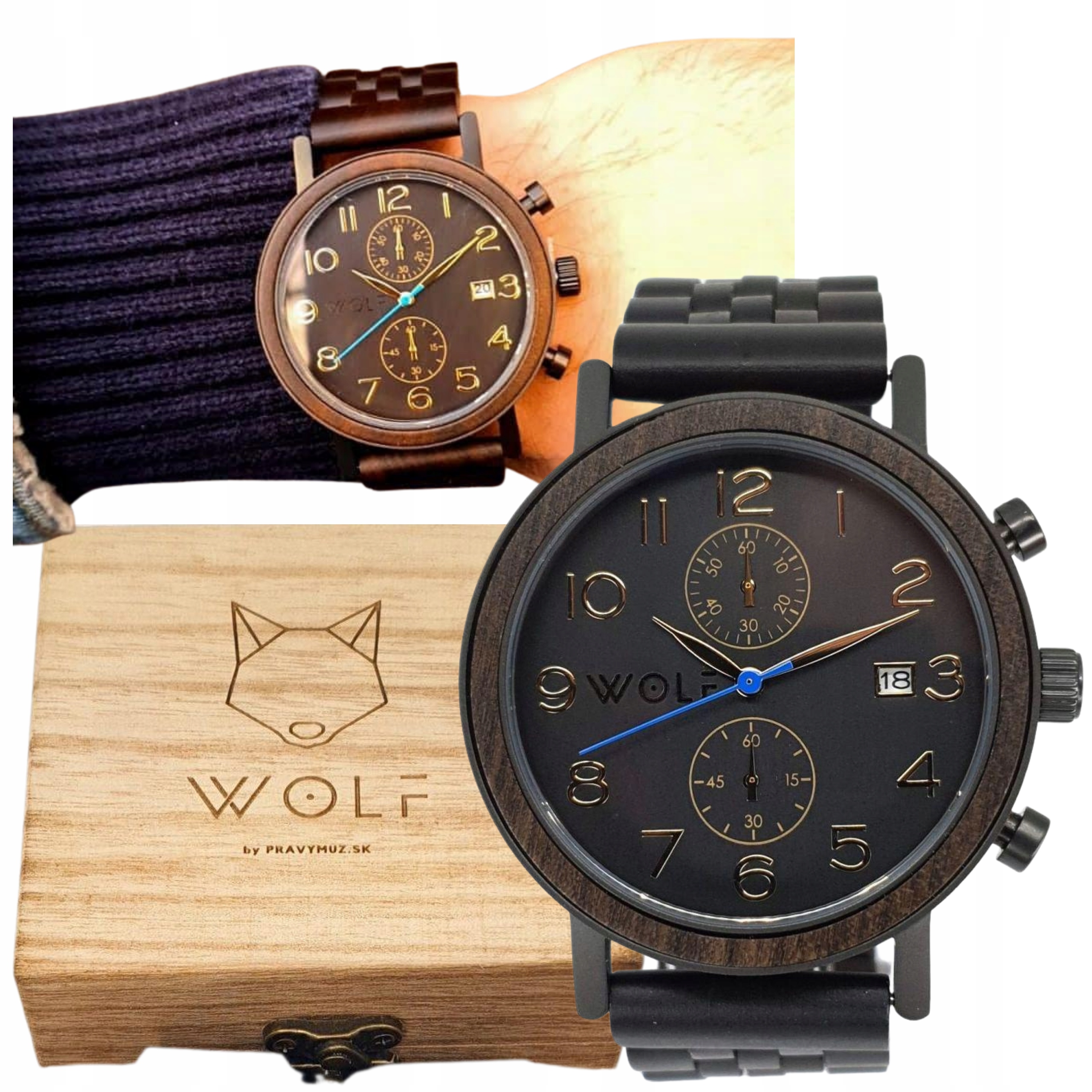 Pánské luxusní hodinky Wolf Chrono s Chronografem Ebenové dřevo, černá barva