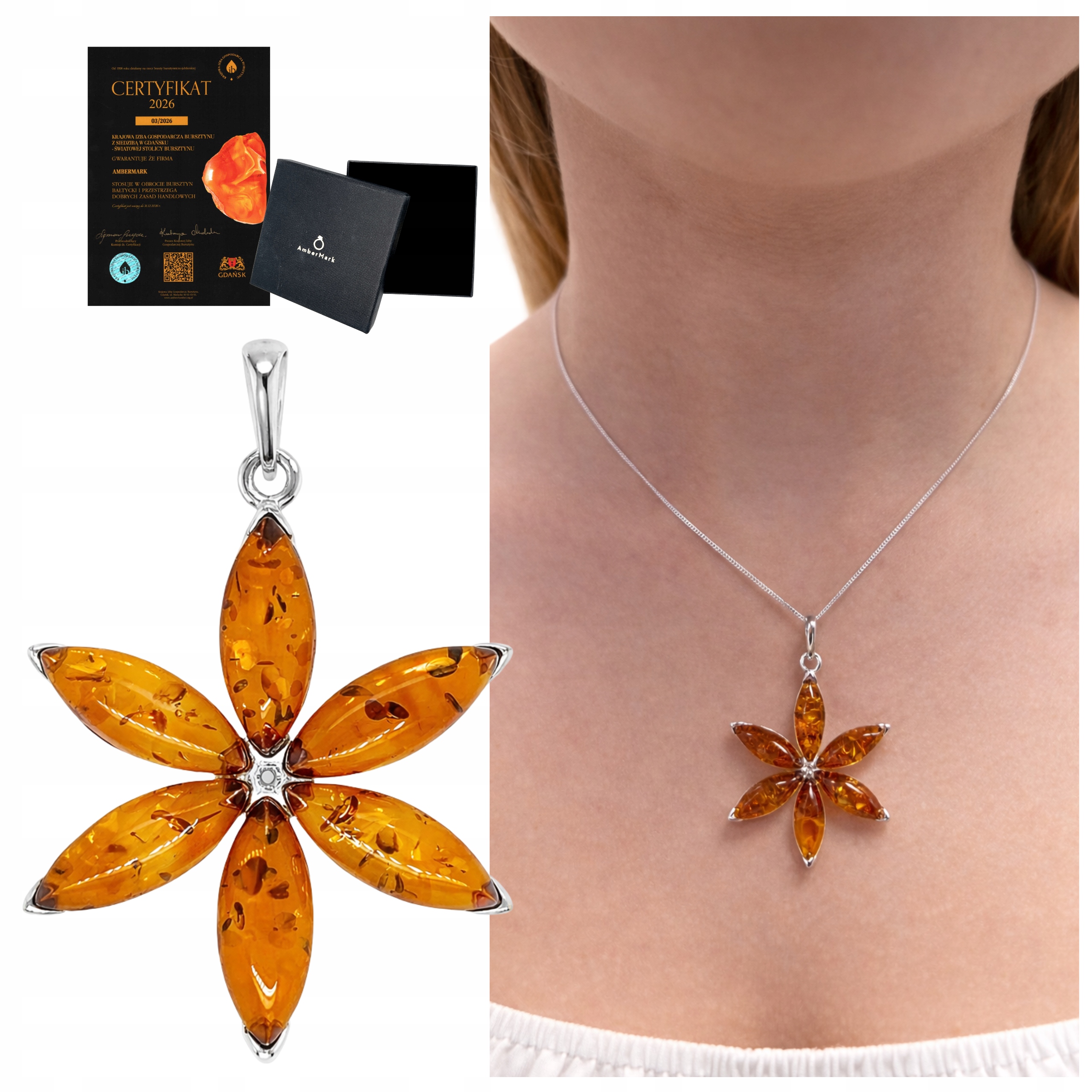 Stříbrný přívěsek květ z jantaru přívěsek stříbro 925 stříbrný květ