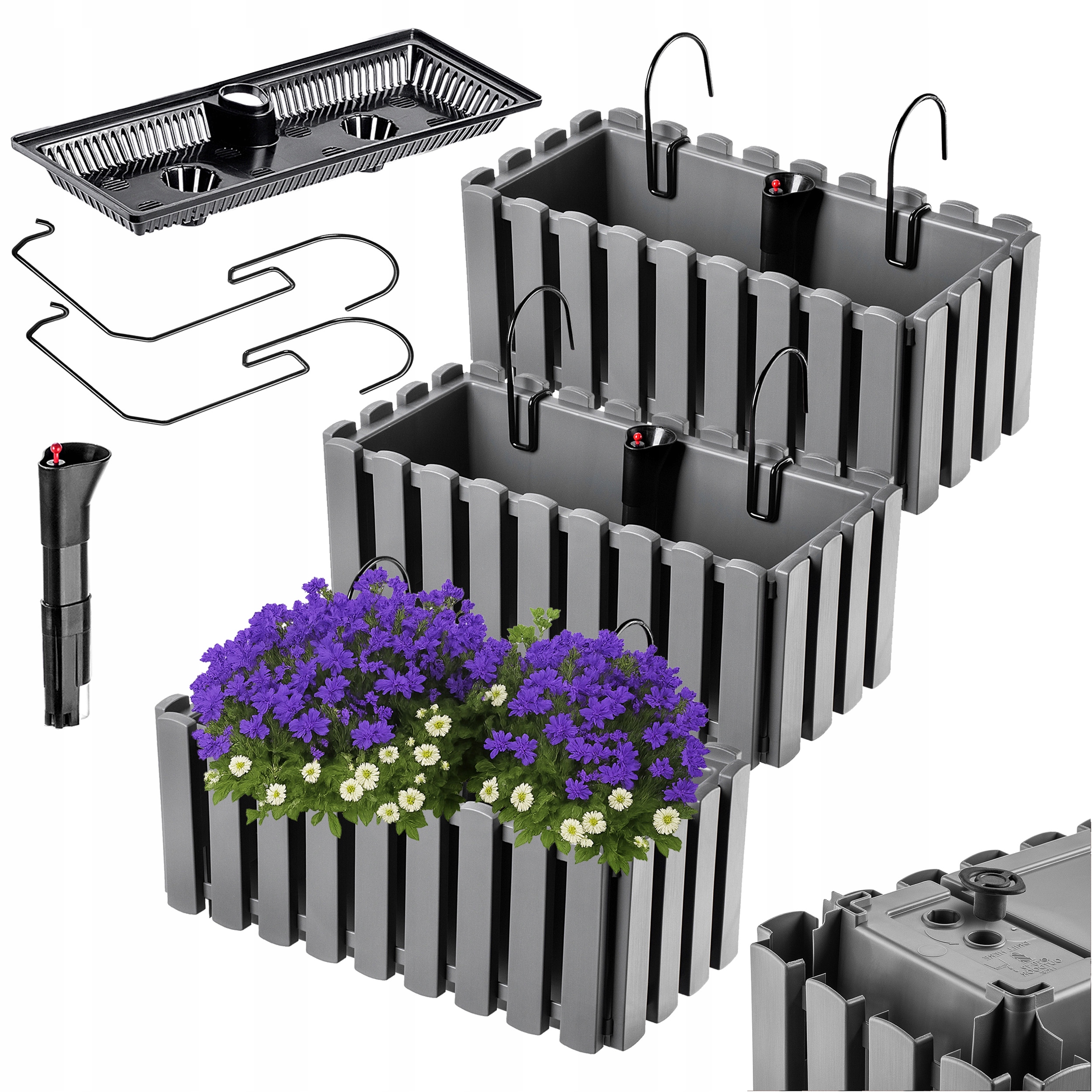 3x Balkonový Truhlík Květináč 40 cm Květináč Květiny Balustráda Balkon Šedá