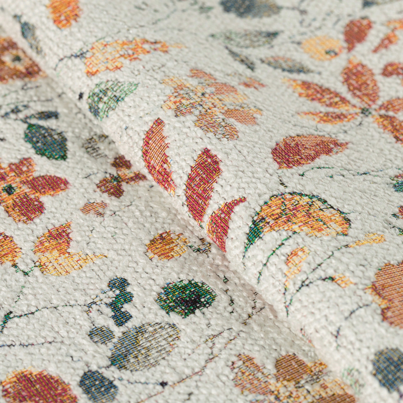 Puf Barrel ø40, výška 40 cm, oranžovo-zelené květy na krémovém pozadí