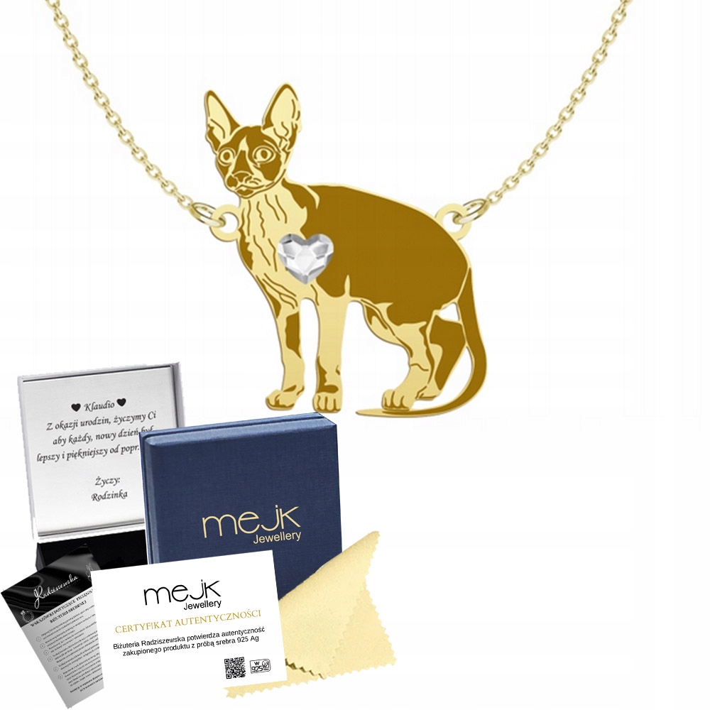 Zlatý náhrdelník s kočkou Cornish Rex 925 Dárek Řetízek Žena Gravírování