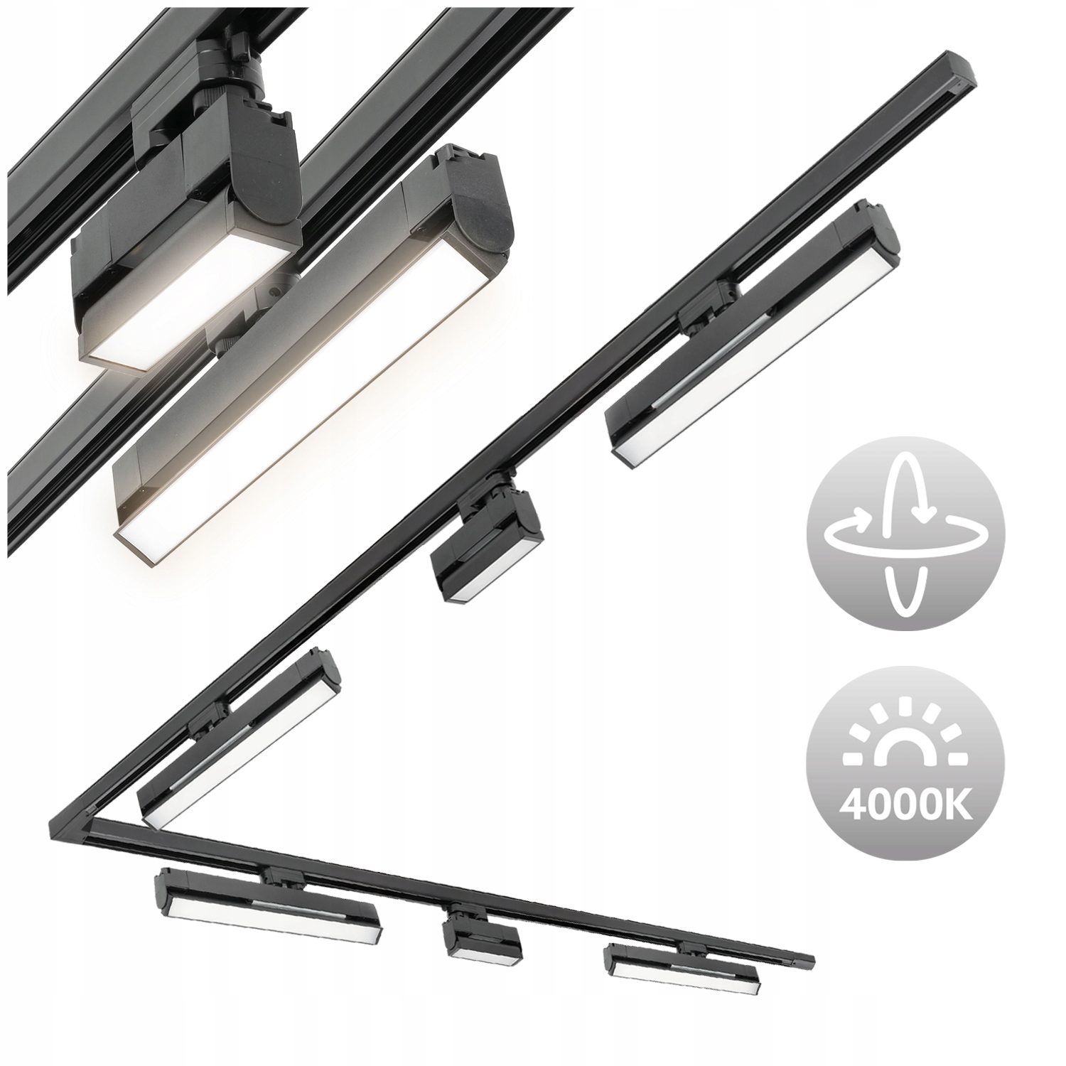 3-fázový koľajnicový set 2m+2m, 4x lampa 36W, 2x 12W, spojka L Čierna