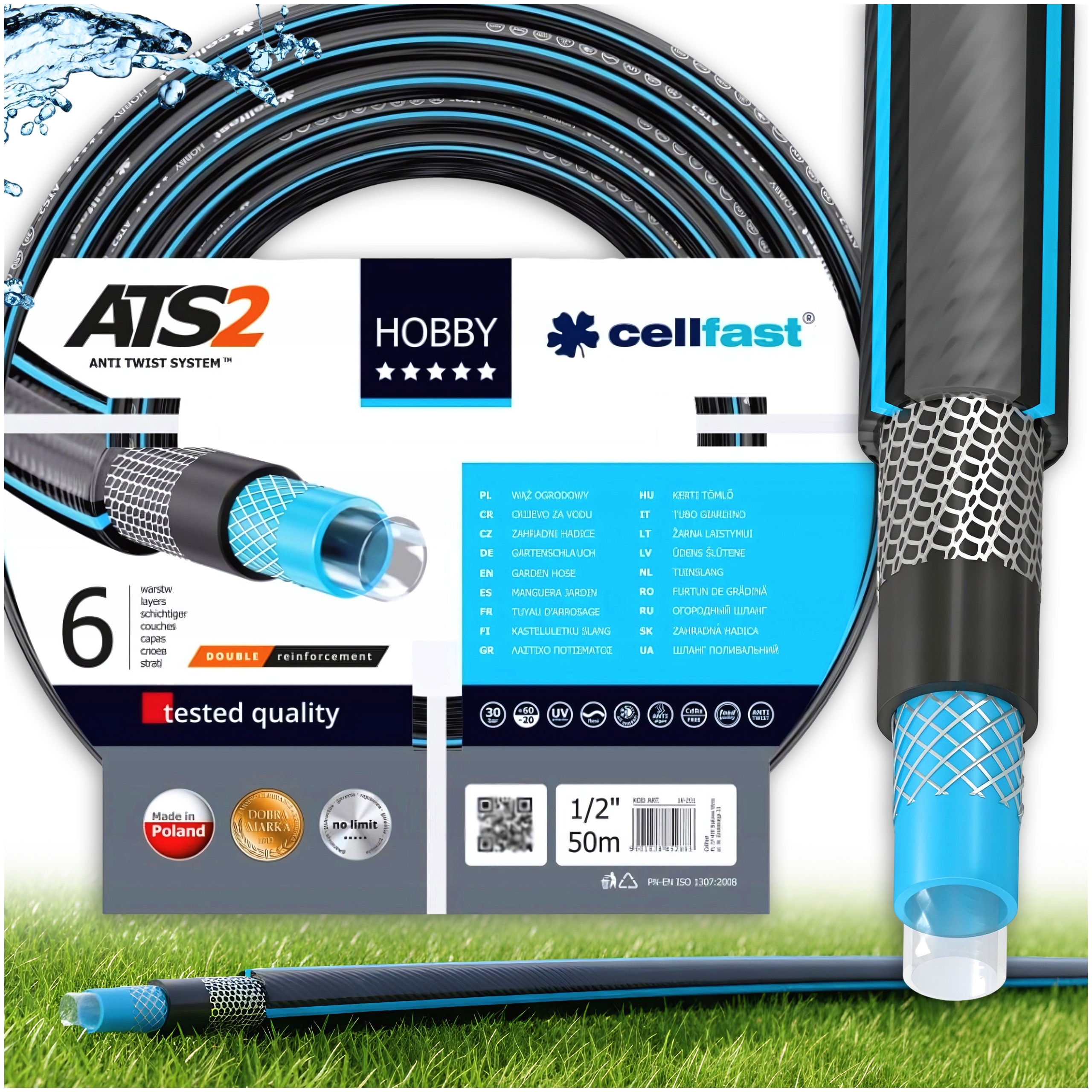 Wąż Ogrodowy Zbrojny Do Wody 1/2" Mocny Elastyczny 50M Cellfast 6-WARSTWOWY