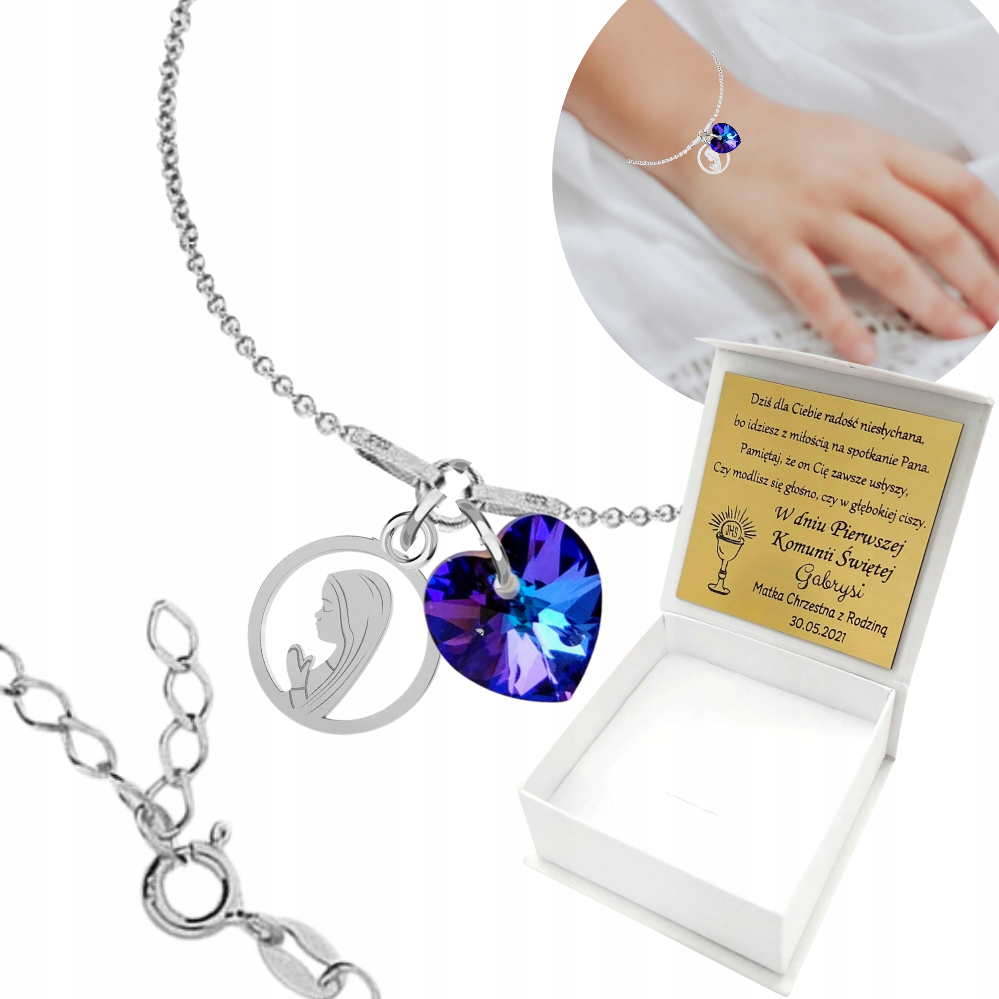 Náramek pro dívku Svaté Přijímání Matka Boží Gravírování Stříbro 925