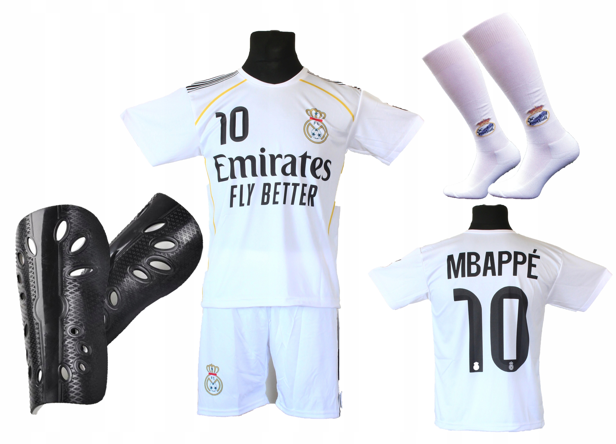 Fotbalová souprava Mbappe bílé tričko, kraťasy štulpny chrániče holení 128