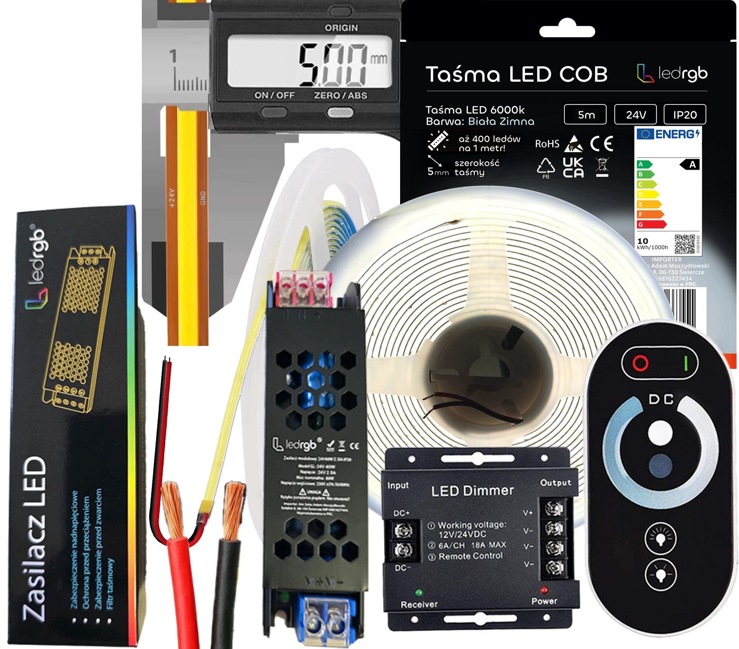 Set Led pásek Neon Cob 24V 5 m 6000K Bílý Studený Ultra Tenký 5MM Dálkový Ovladač