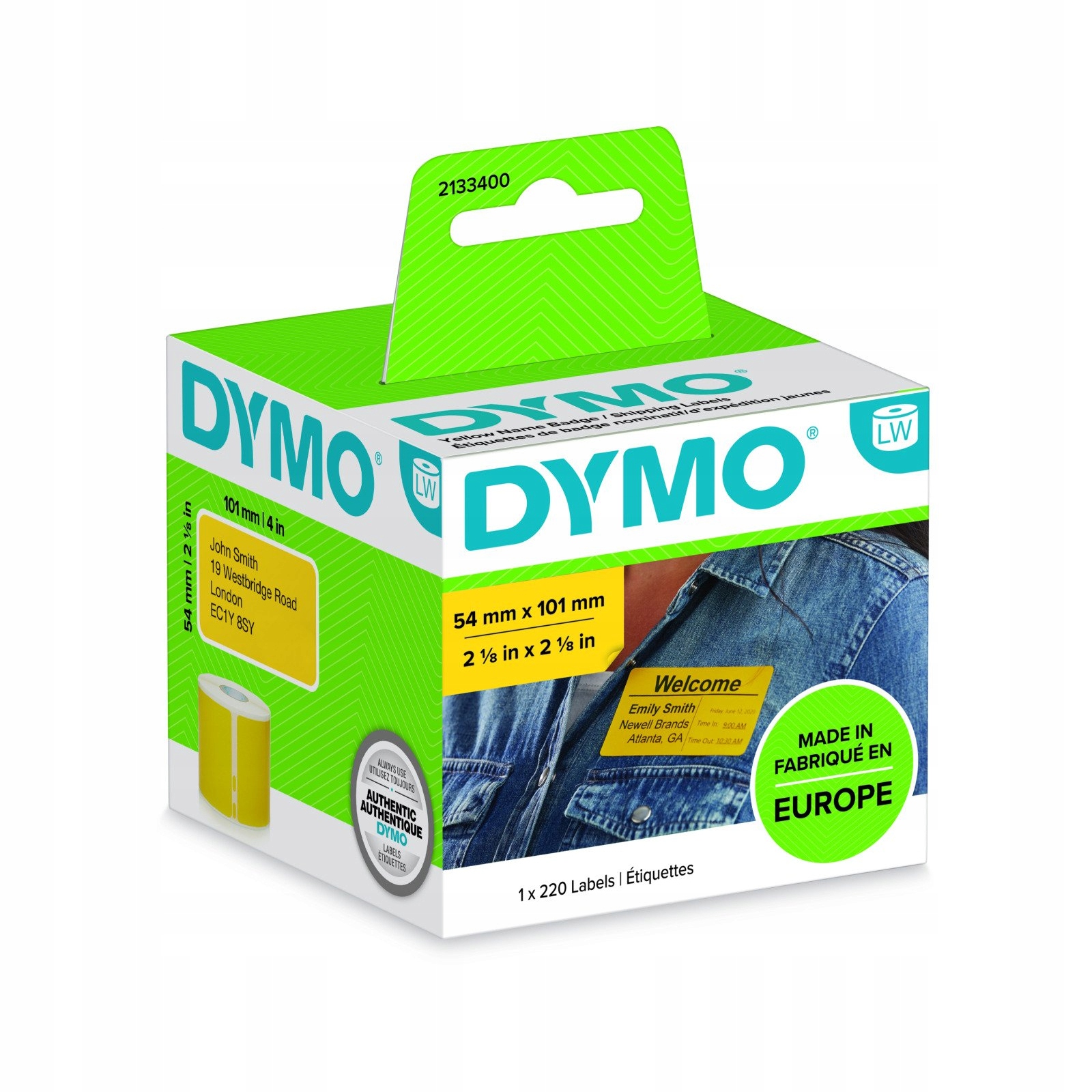 Etykiety do termodruku uniwersalne Dymo 54x101mm kol. żółty 220 szt 2133400