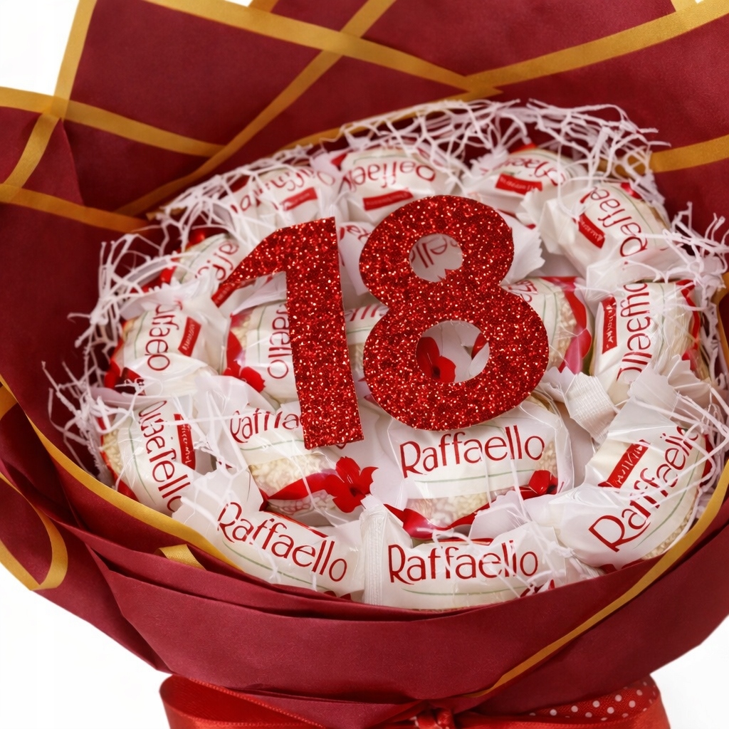 Bukiet pralinek Raffaello 18 Urodziny na Osiemnastkę Bordowy