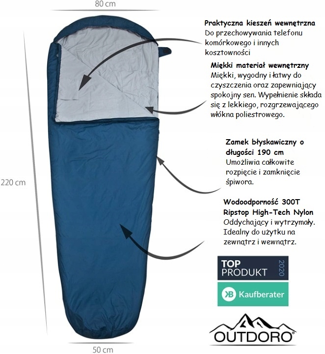 ULTRALEKKI ŚPIWÓR Outdoro TYPU MUMIA 220x80 KOŁDRA Model 1