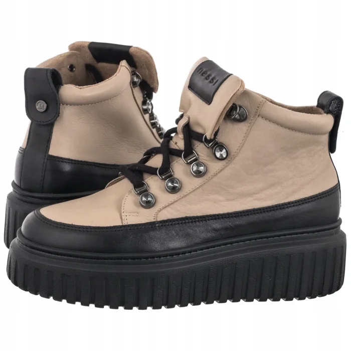 Boty Tenisky Kotníkové Boty na platformě Kožené Dámské Nessi Béžové