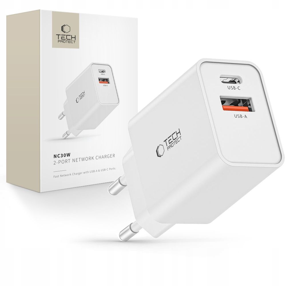 Ładowarka sieciowa Usb-c Pd 30W Usb-a Qc 3.0 Tech-Protect NC30W biała