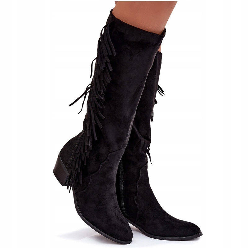 Kozačky Kovbojské Boty Dámské Eko Semišové Nízký Podpatek Třásně Černé 39