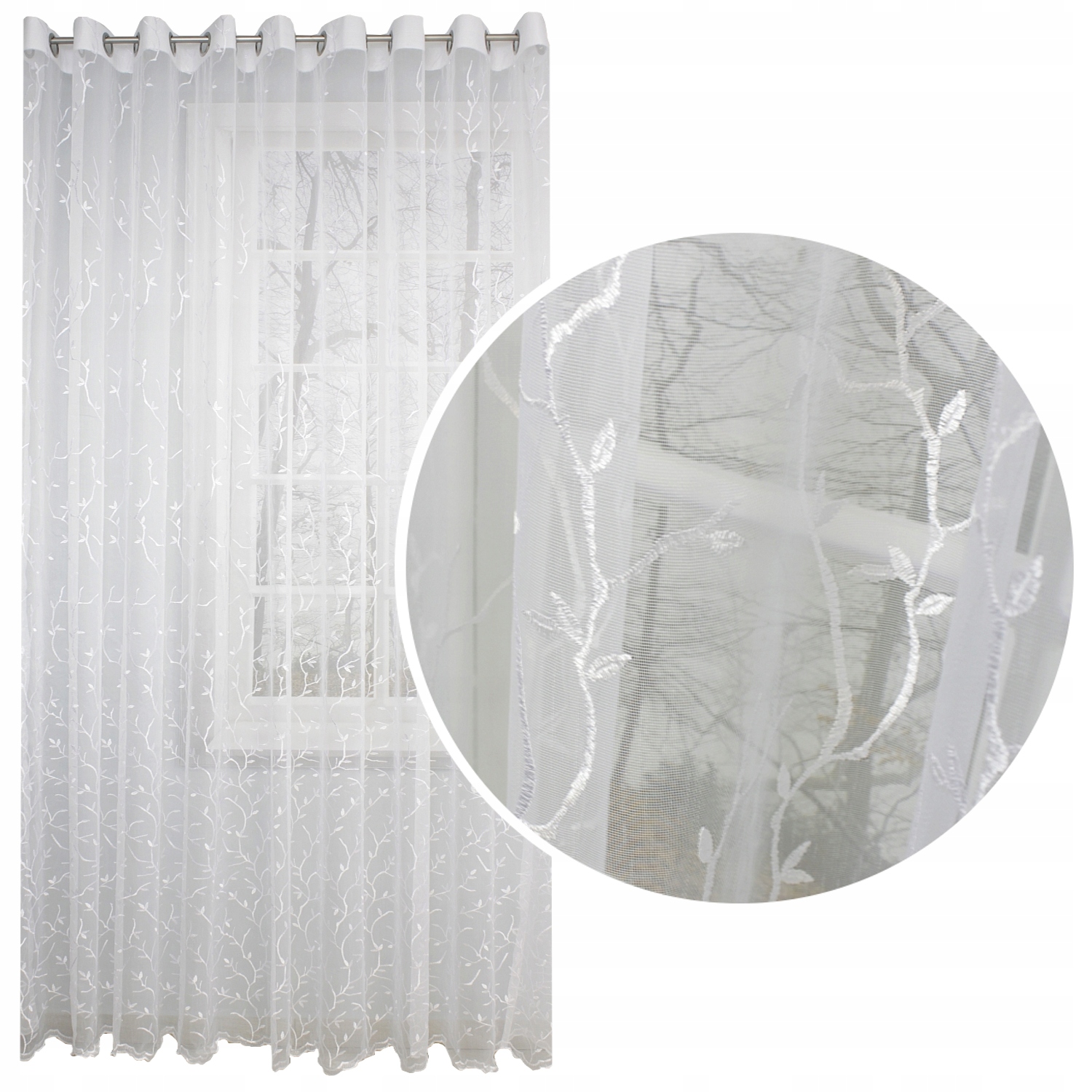 Záclona Biela Markizet biele výšivky listov 300x250