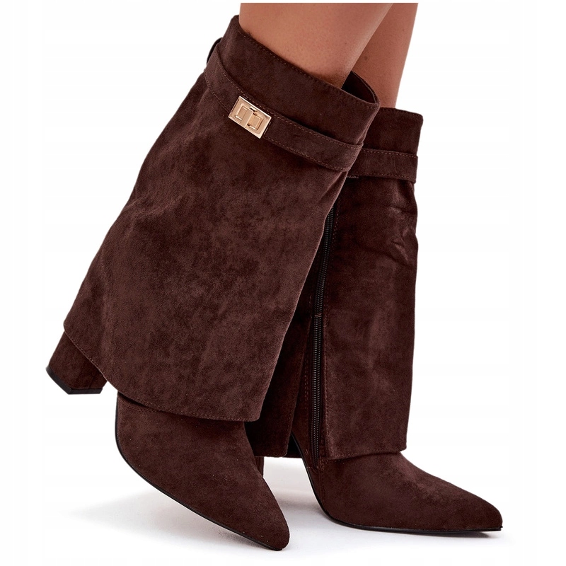 Dámské Kotníkové Boty Eko Semiš Vysoký Podpatek Sloupek Zateplený Čokoládový Zip 40
