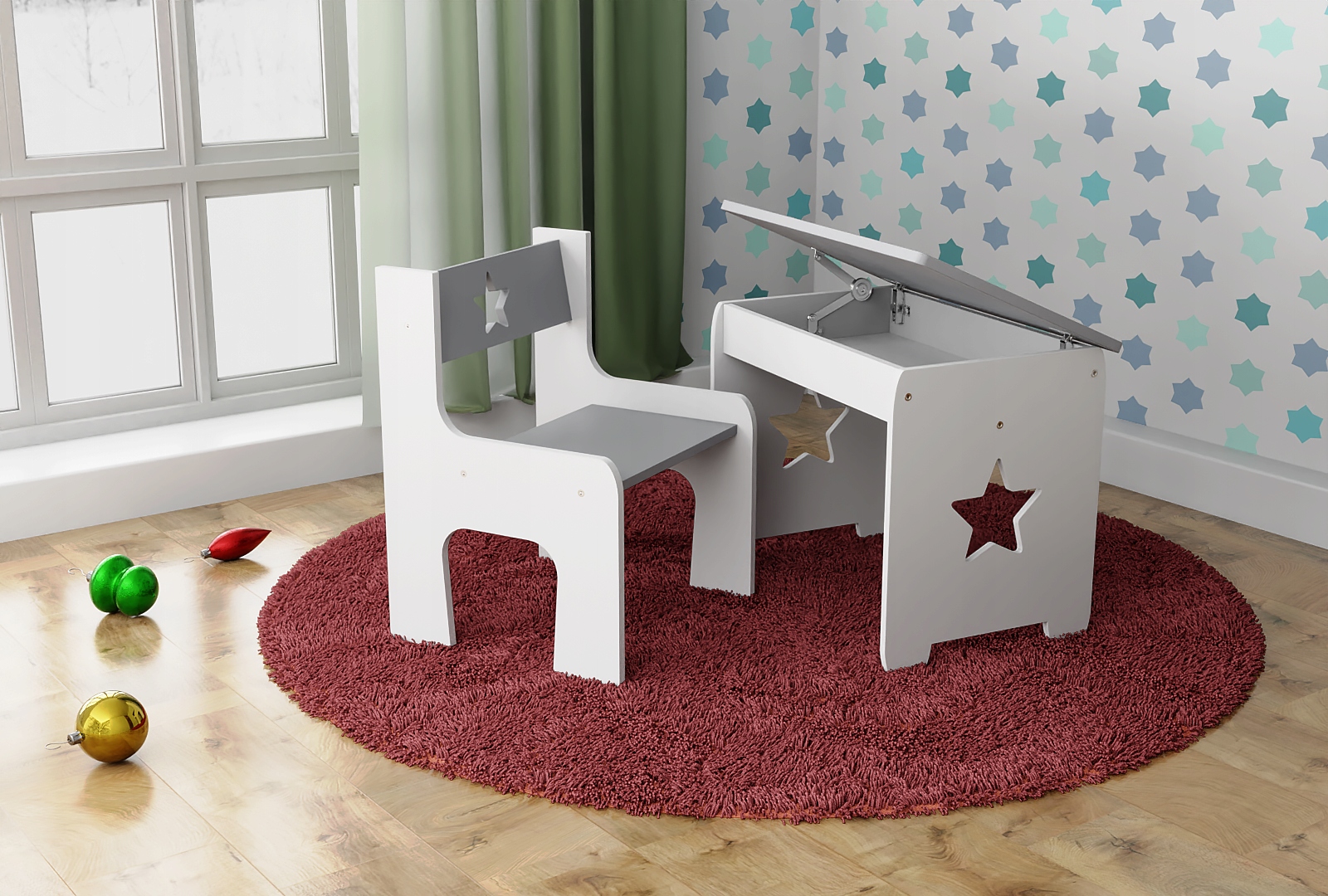 KRZESEŁKO I STOLIK ZE SCHOWKIEM DLA DZIECKA OTWIERANY STOLIK KOLORY GWIADKA Marka SPECDREW