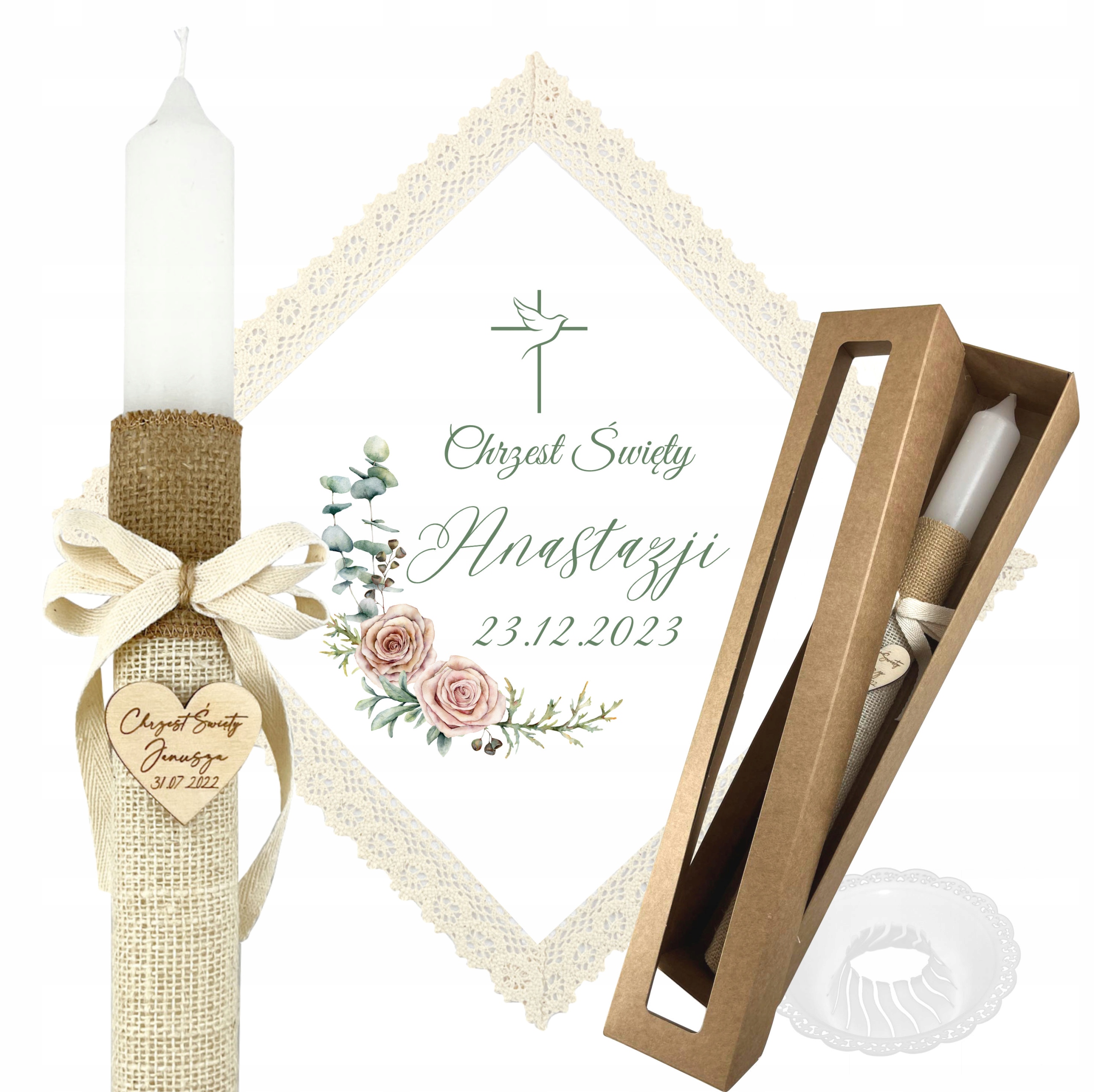 ZESTAW DO CHRZTU NA CHRZEST BIAŁA SZATKA HAFT ŚWIECA GRAWER PUDEŁKO Marka inna marka