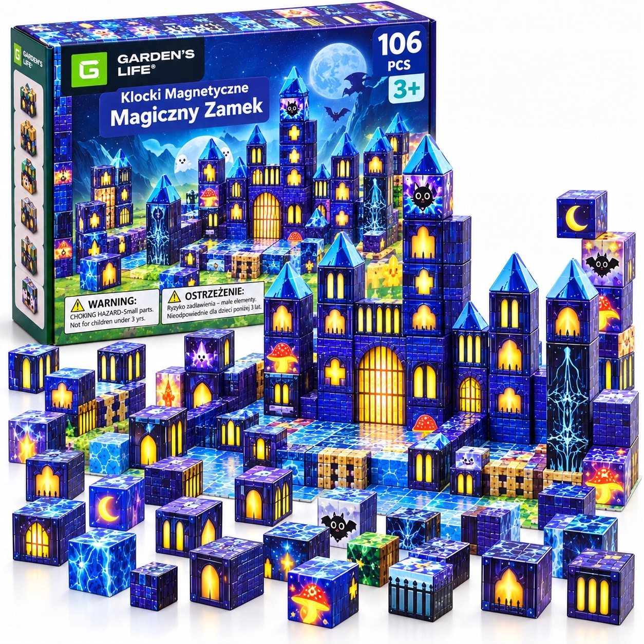 Klocki magnetyczne sześciany kostki pixele Magiczny Zamek 106 szt dodatki
