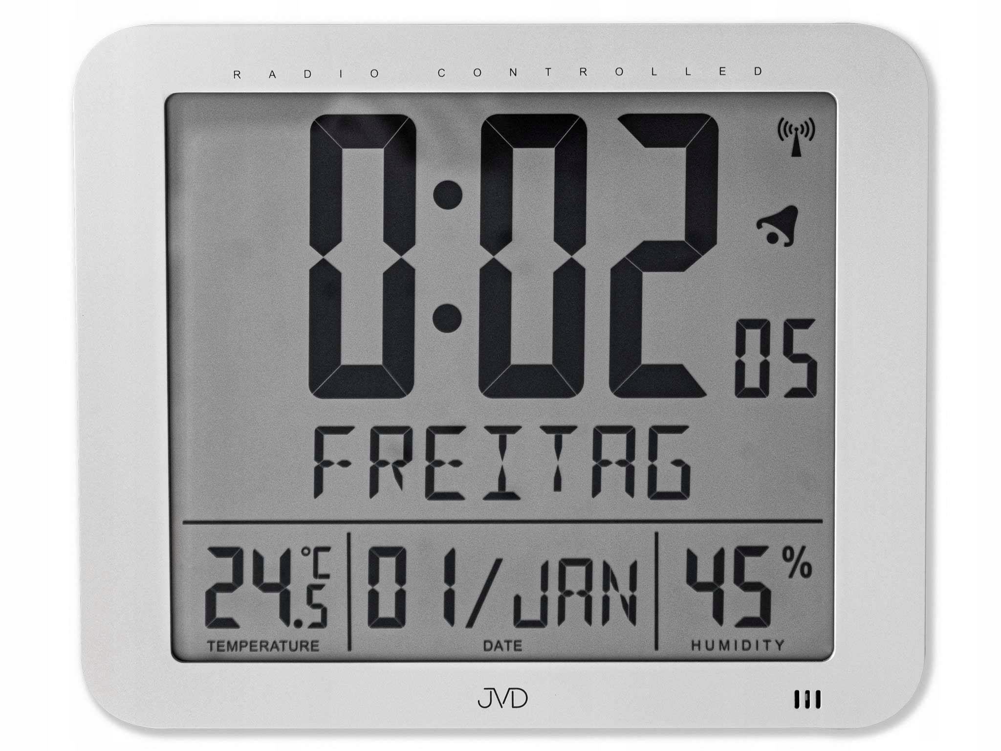 Budík Jvd DH9335.1 Stříbrný Alarm Zdřímnutí Teploměr Kalendář Velký