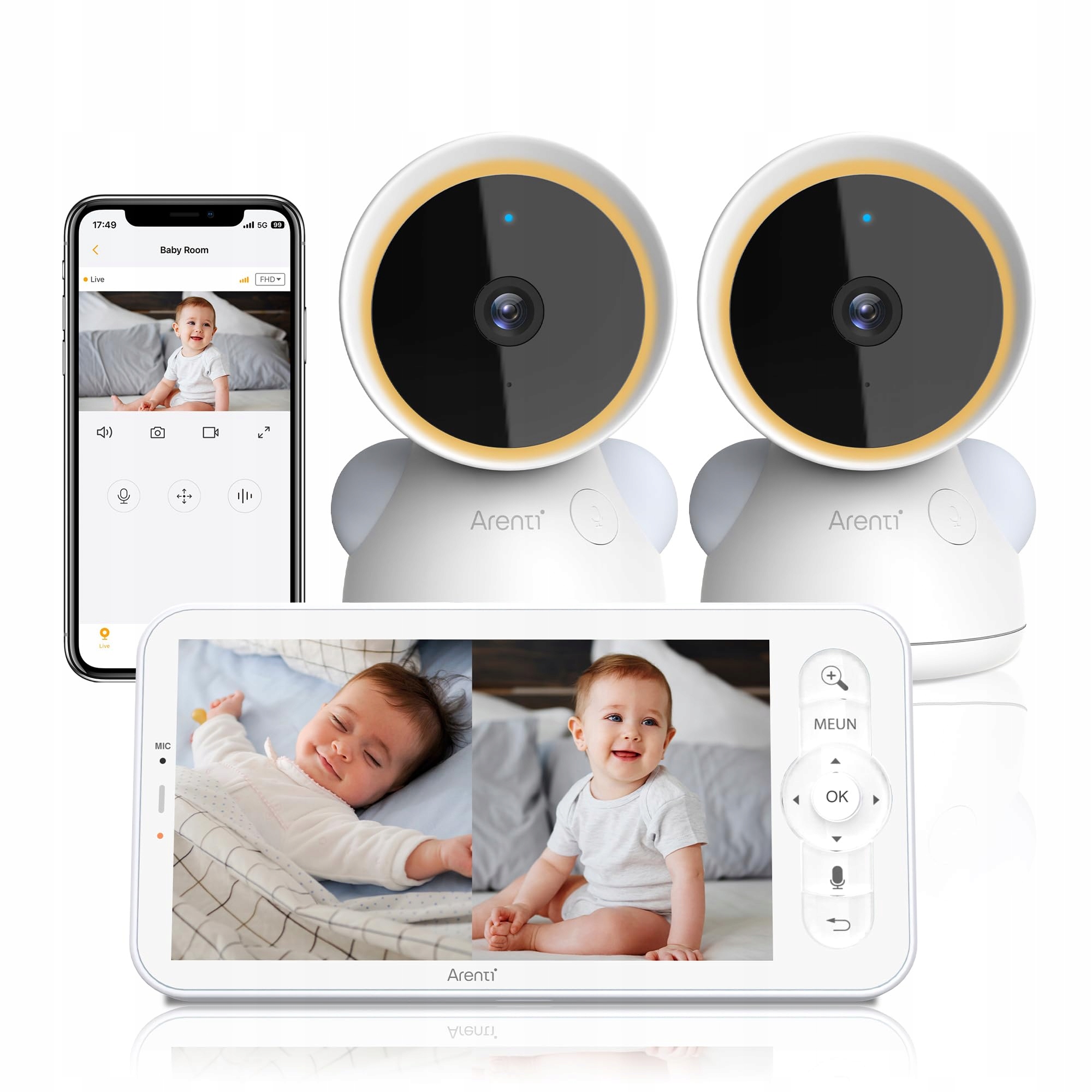 ARENTI Baby Monitor 2 Kamery 2K 5 Calowy WiFi PTZ 355 Stopni Alexa