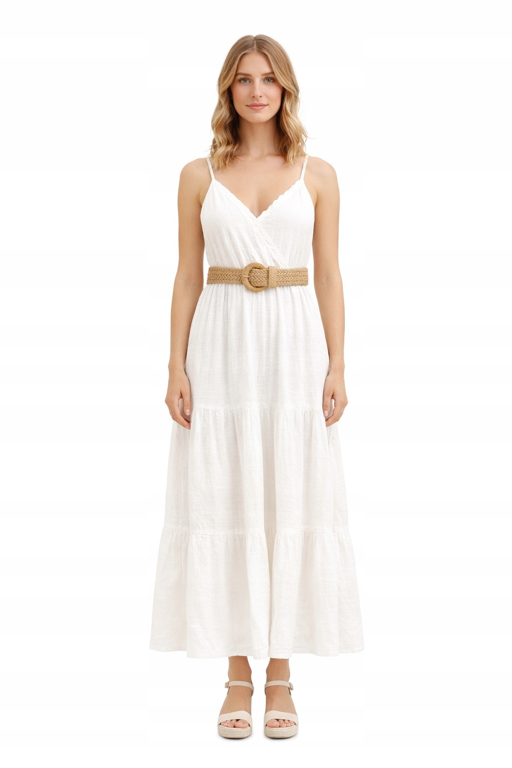 Bílé Šaty Maxi Z Bavlny S Volánem S/m I3A