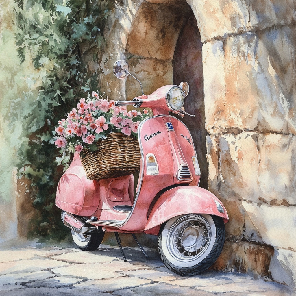 Obraz Na Plátně Canvas Růžový Skútr Vespa Květiny Zeď Vintage Retro 80x80