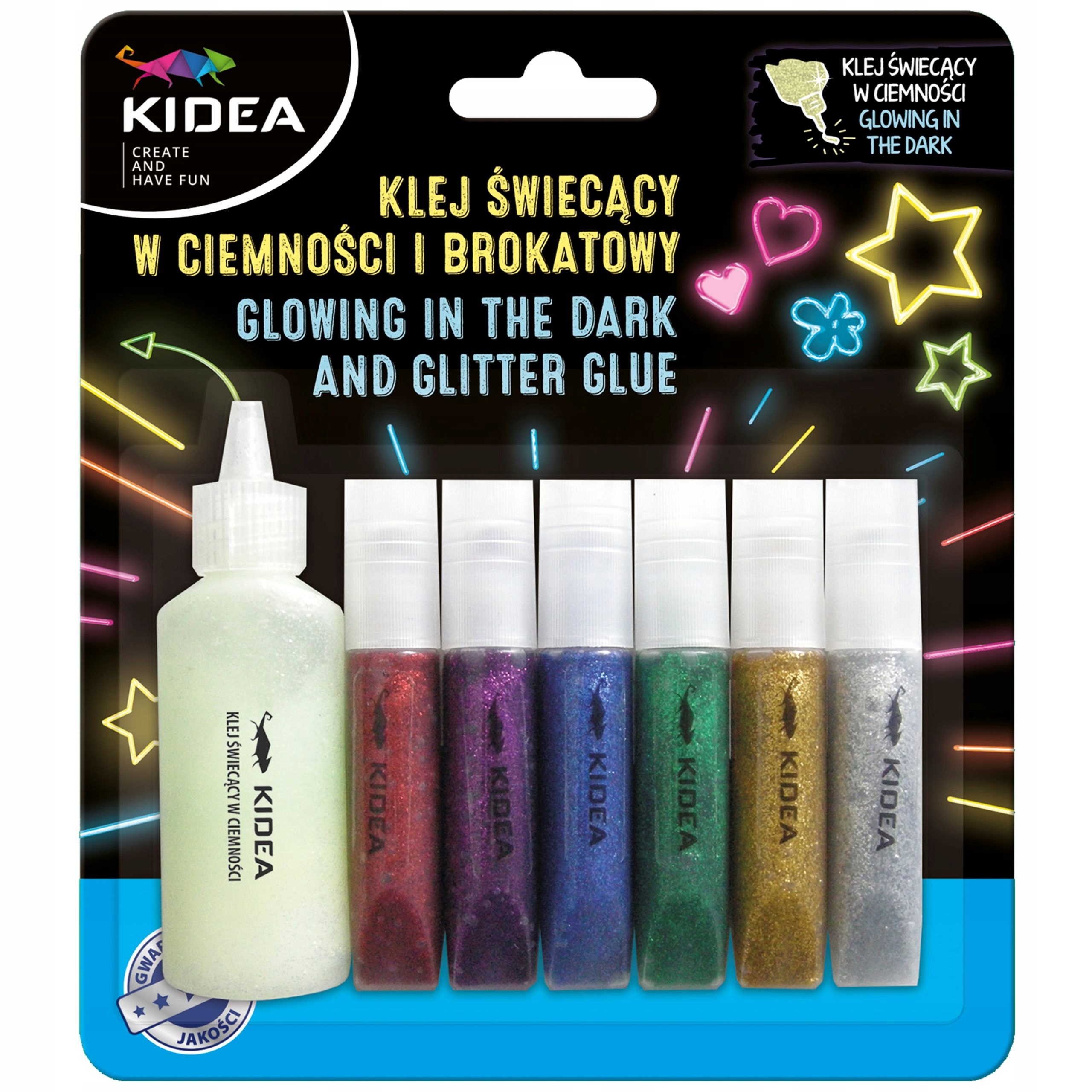 KLEJ ŚWIECĄCY W CIEMNOŚCI + 6 KLEJÓW BROKAT KIDEA